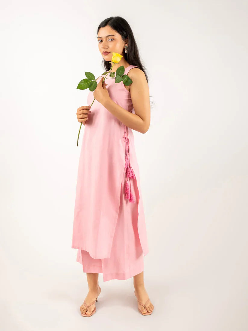 Blush  Ivory Sleeveless Asymmetric Kurta Set with Tassel Tie-Up