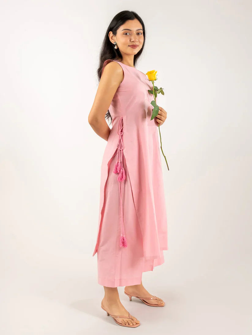 Blush  Ivory Sleeveless Asymmetric Kurta Set with Tassel Tie-Up
