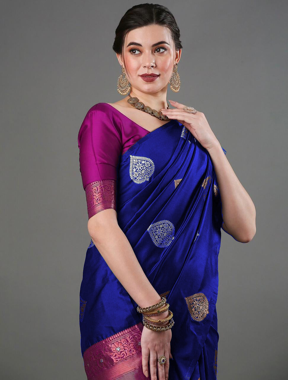 Elegant Blue Silk Saree with Zari Motifs & Rich Copper Border