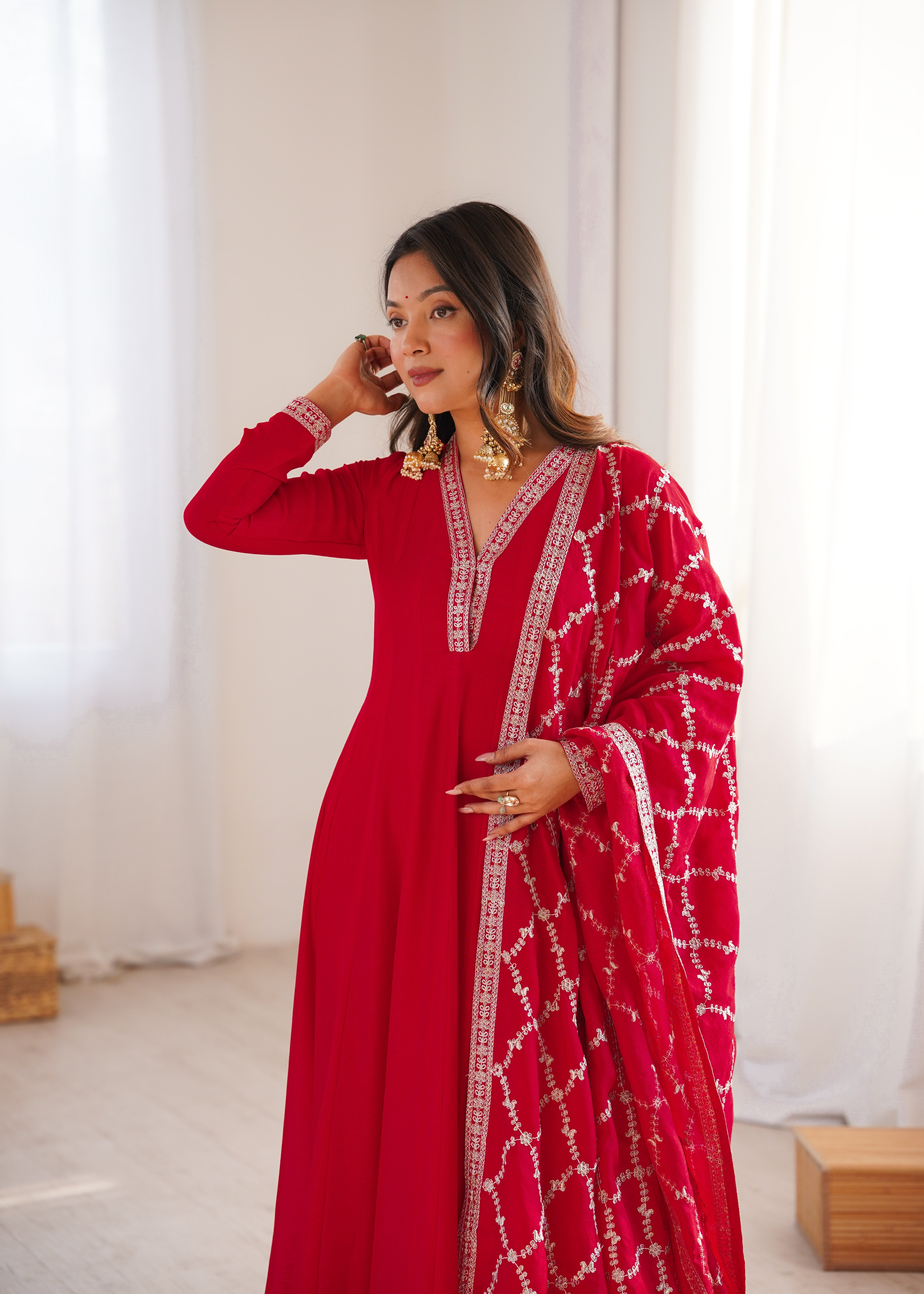 Red Embroidered Anarkali Suit Set with Dupatta – Festive & Party Wear