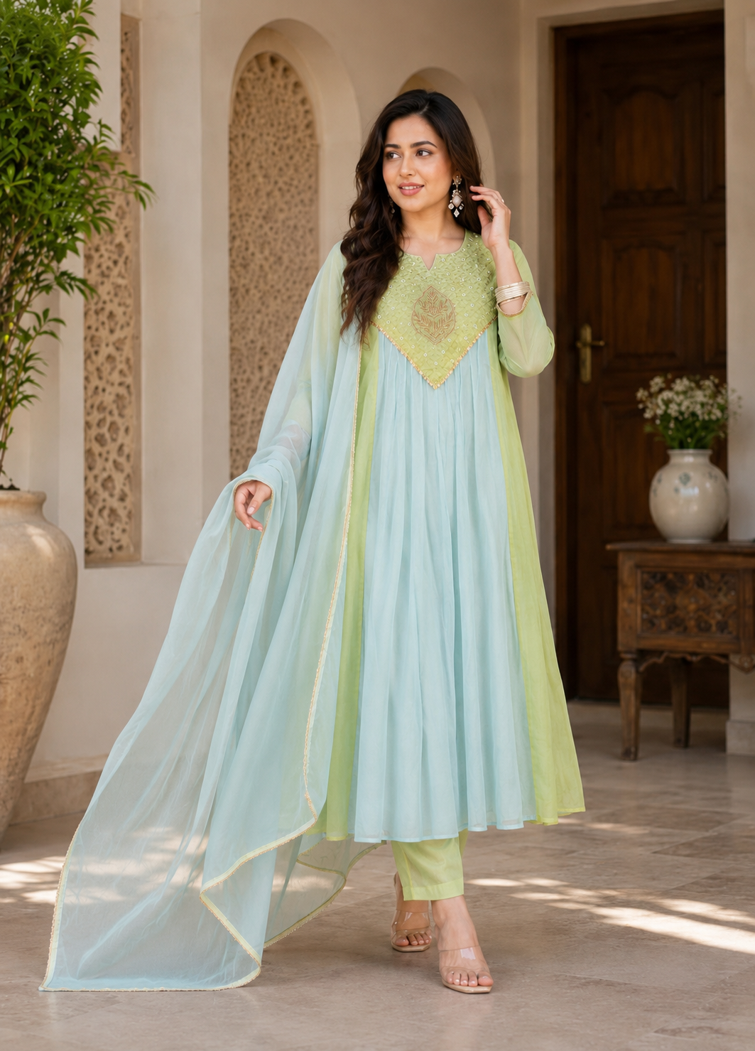 Sky Blue & Lime Green Embroidered Kurta Set with Dupatta for Women