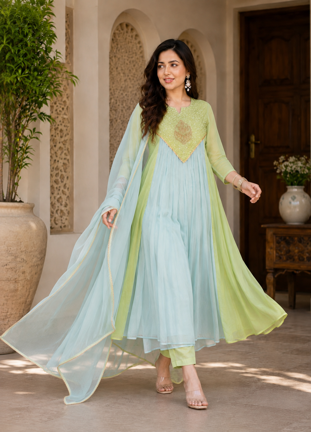 Sky Blue & Lime Green Embroidered Kurta Set with Dupatta for Women