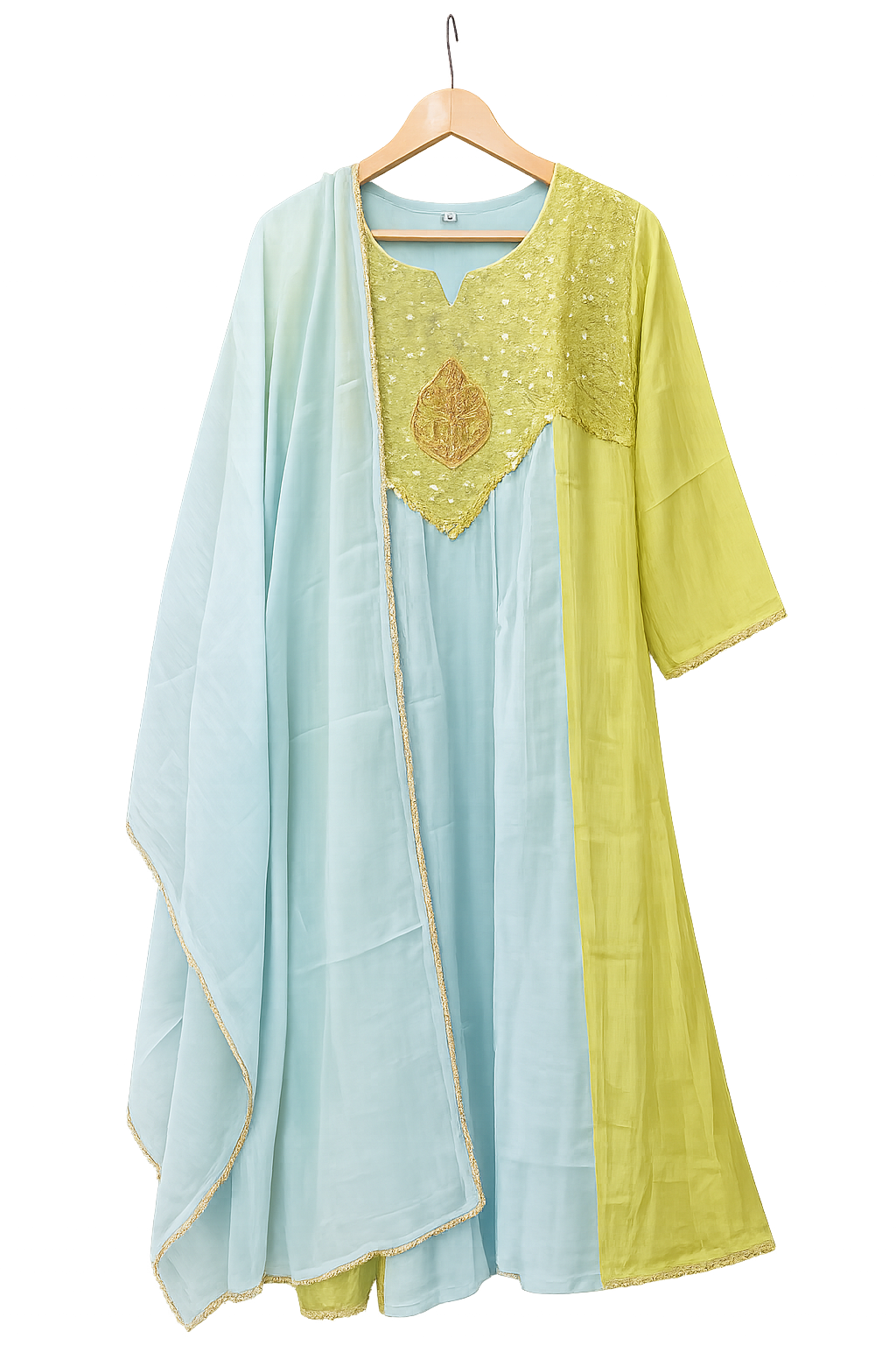 Sky Blue & Lime Green Embroidered Kurta Set with Dupatta for Women