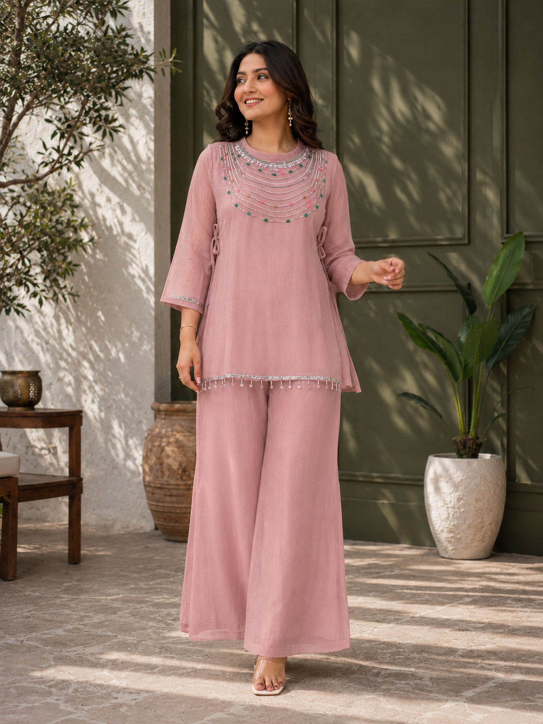 Women's Dusty Pink Hand Embellished Straight Kurta