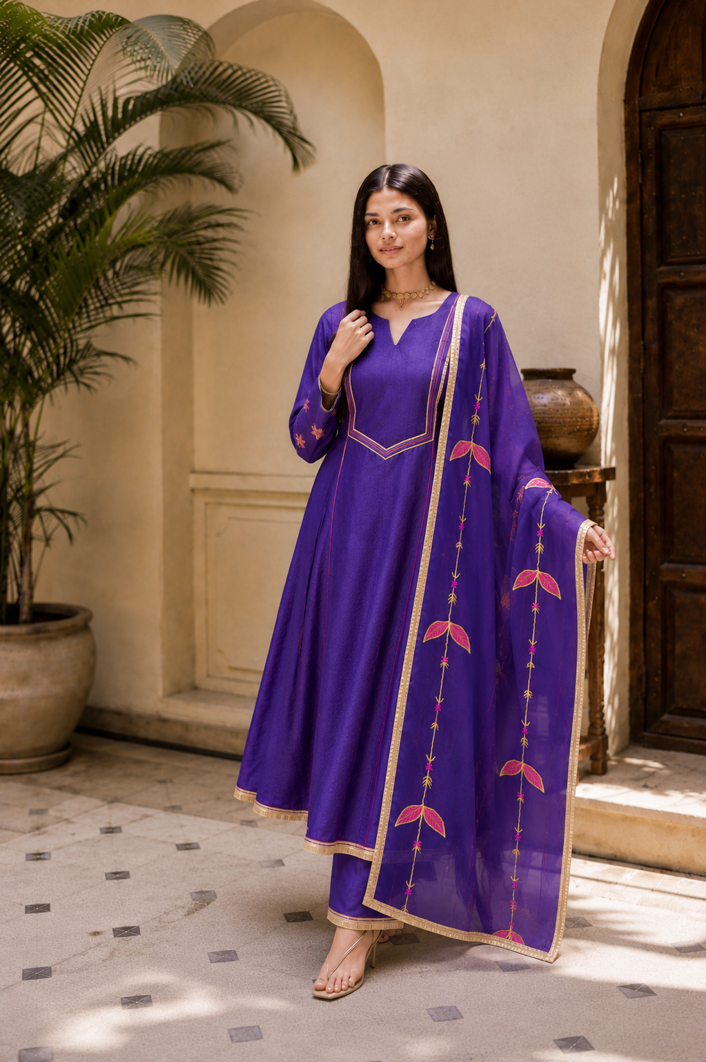 Royal Purple Mul Chanderi Embroidered Anarkali Suit Set