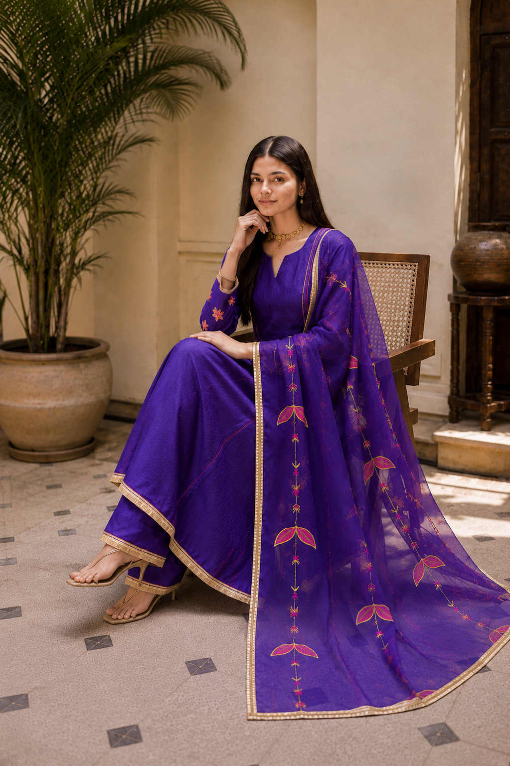 Royal Purple Mul Chanderi Embroidered Anarkali Suit Set