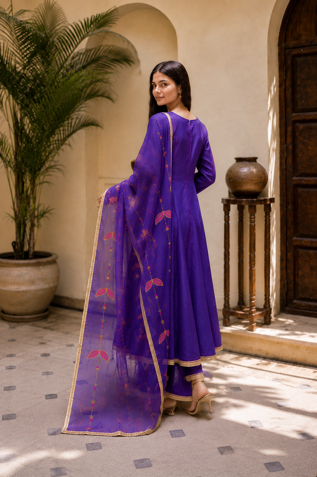 Royal Purple Mul Chanderi Embroidered Anarkali Suit Set