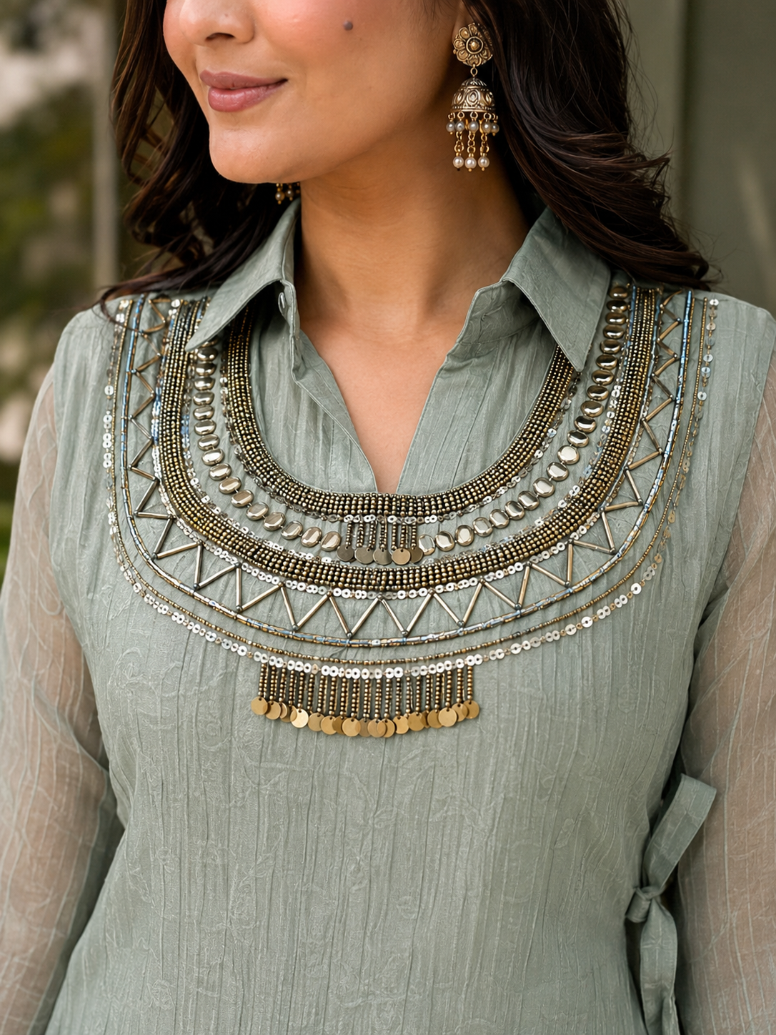 Women's Dusty Sage Green Textured Kurta Palazzo Co-Ord Set with Embellished Neck Design