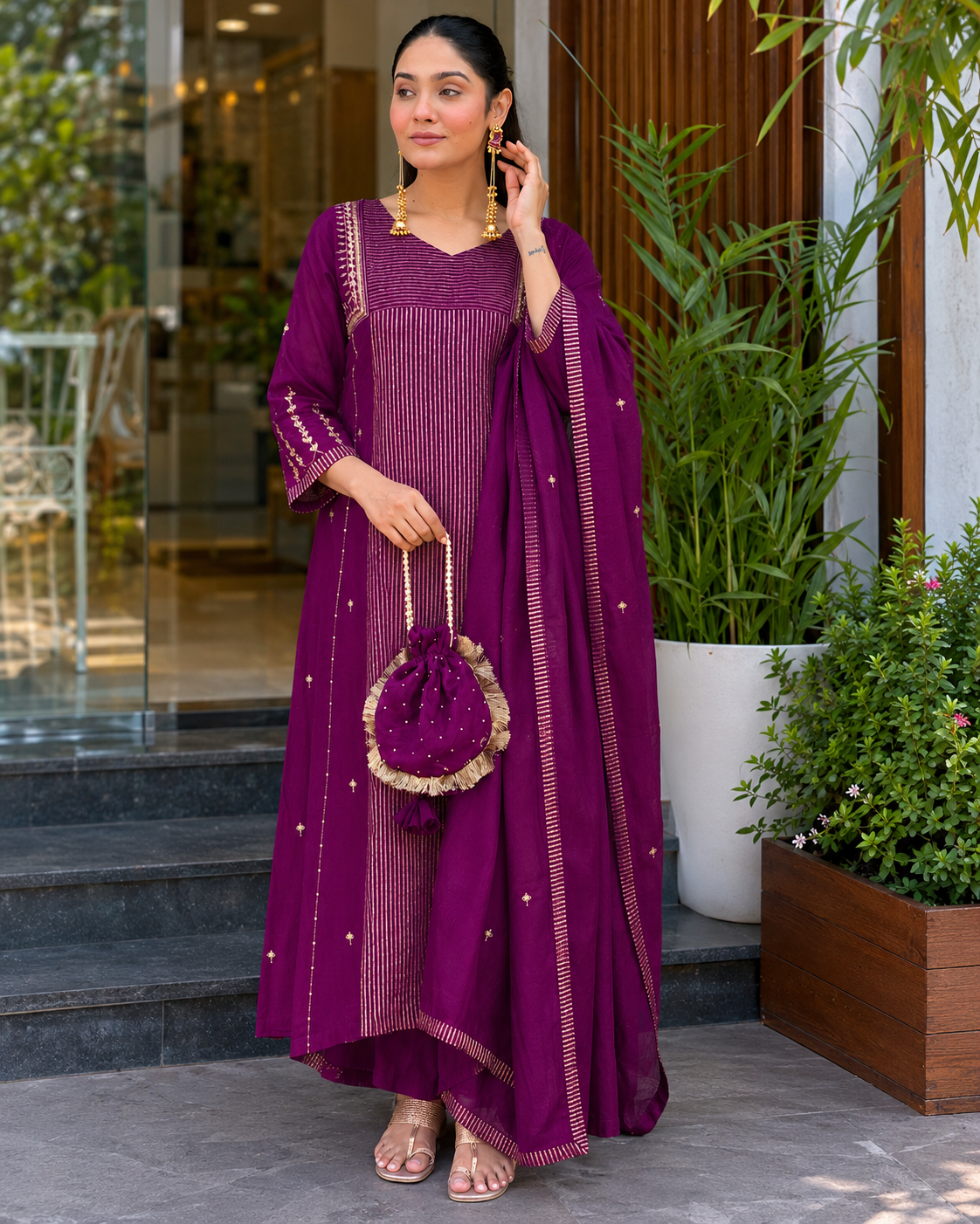 Women's Premium Deep Purple Embroidered Straight Kurta Set with Dupatta & Potli Bag