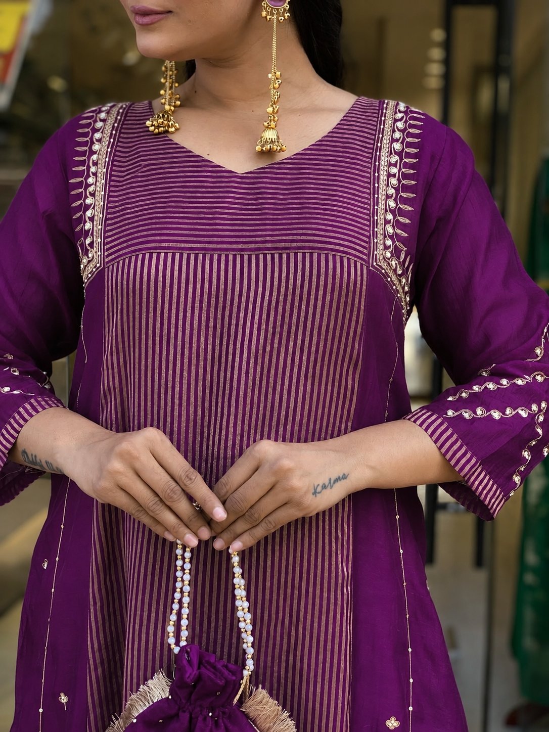 Women's Premium Deep Purple Embroidered Straight Kurta Set with Dupatta & Potli Bag