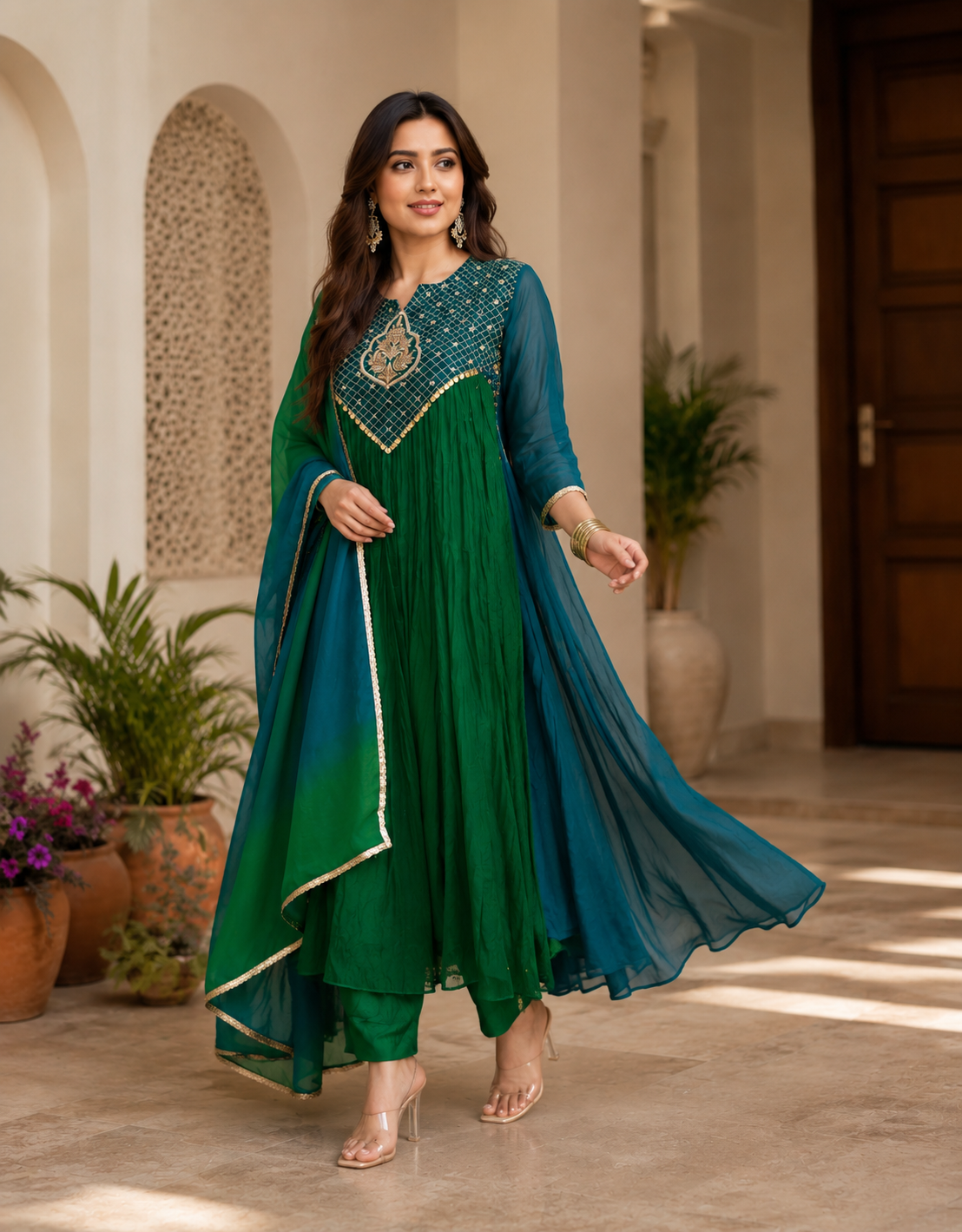 Emerald Green Designer Anarkali Kurta Pant Set with Dual-Tone Dupatta