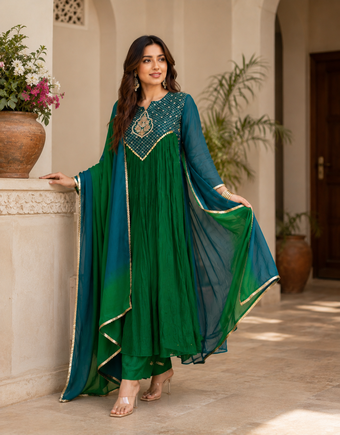 Emerald Green Designer Anarkali Kurta Pant Set with Dual-Tone Dupatta