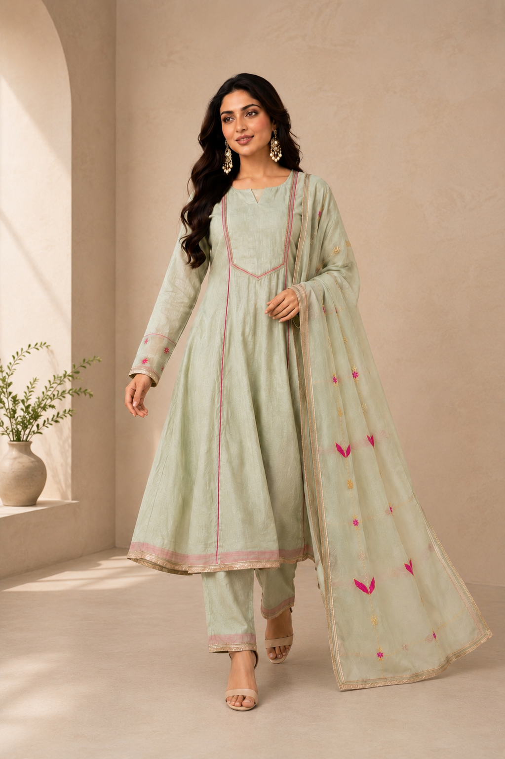 Sage Green Chanderi Anarkali Suit Set