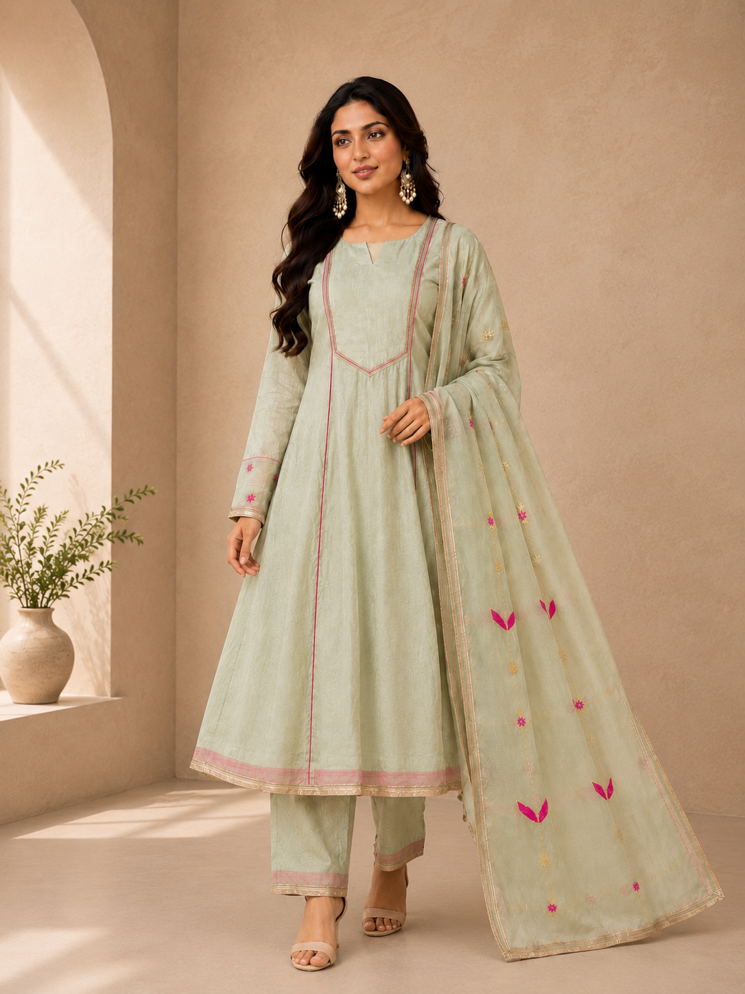 Sage Green Chanderi Anarkali Suit Set