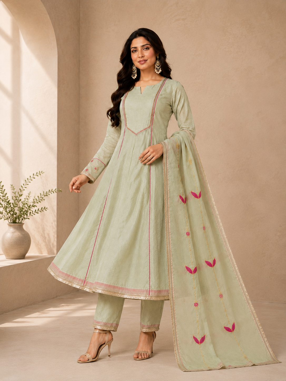 Sage Green Chanderi Anarkali Suit Set
