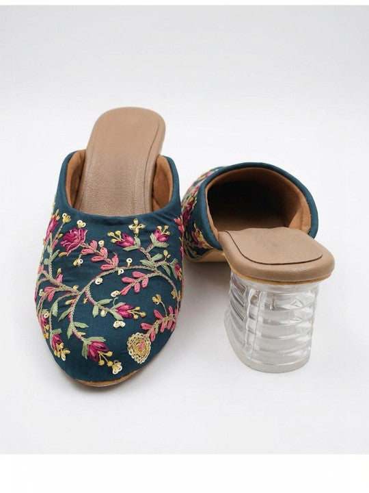 Women's Teal Floral Embroidered Transparent Block Heel Mule Sandals