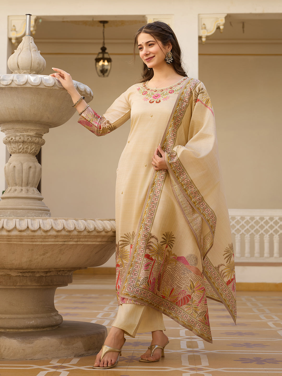 Elegant Beige Embroidered Kurta Pant Set with Printed Dupatta for Women