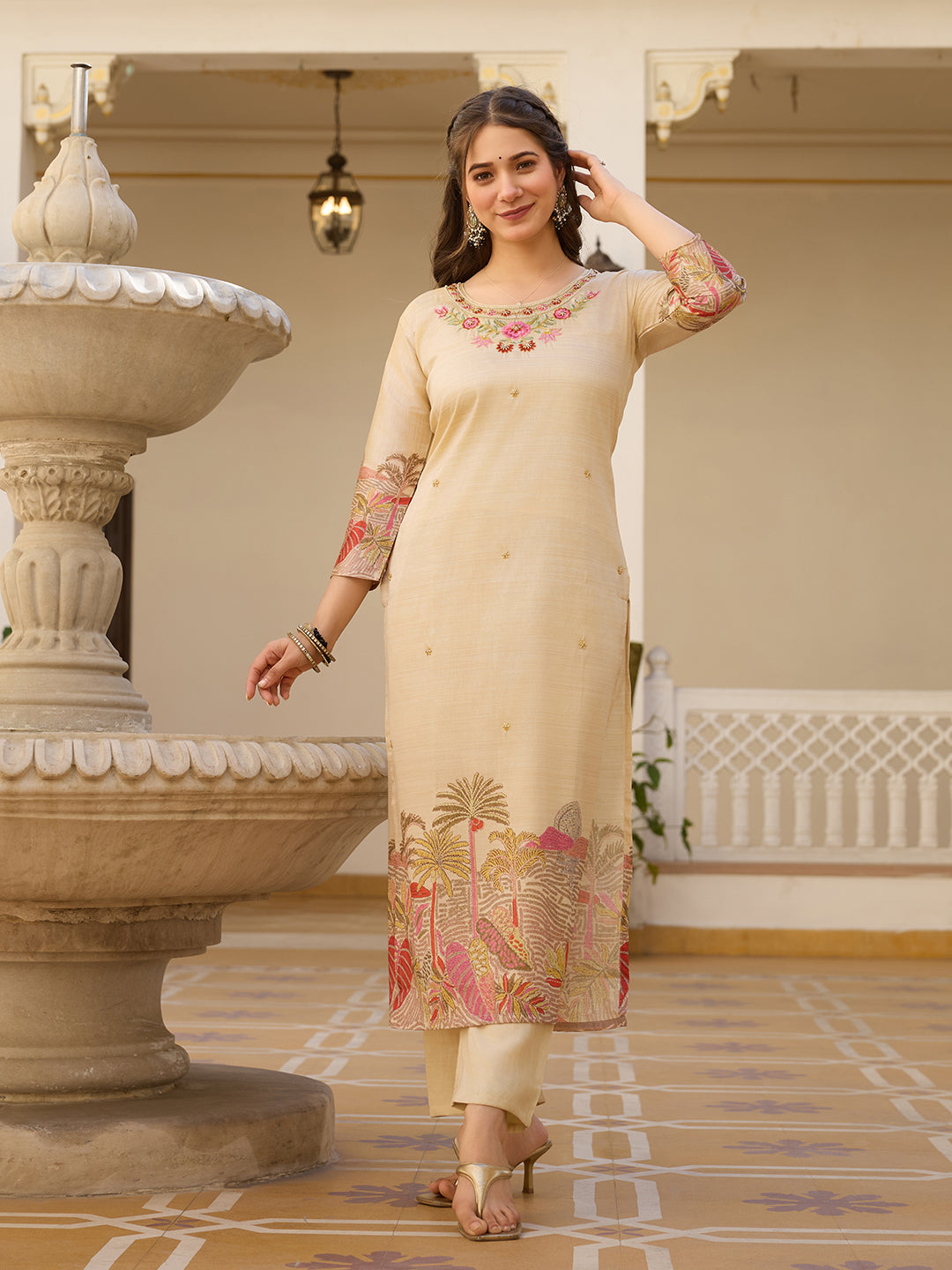 Elegant Beige Embroidered Kurta Pant Set with Printed Dupatta for Women