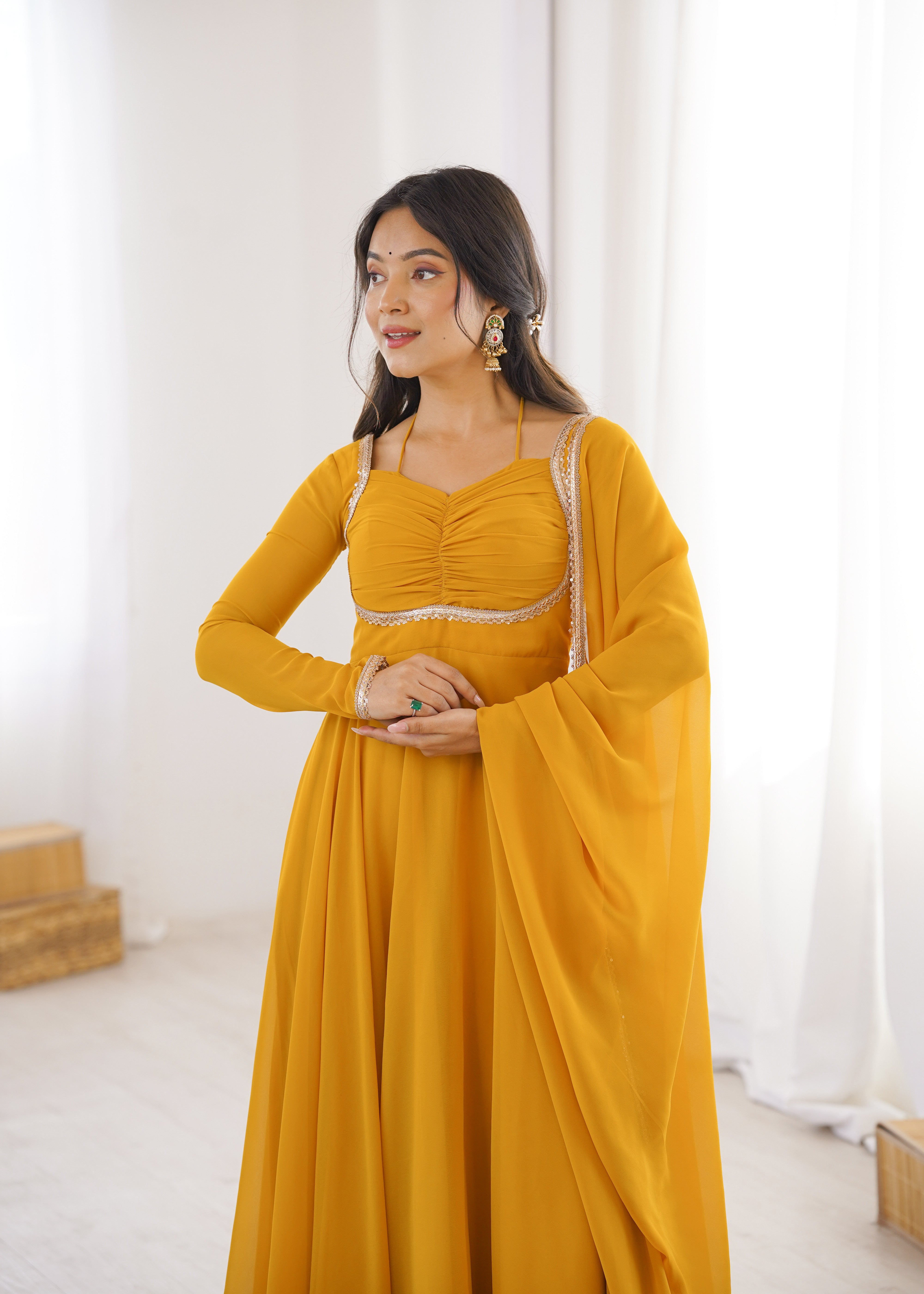 Elegant Yellow Anarkali Suit Set with Dupatta – Premium Party Wear Gown