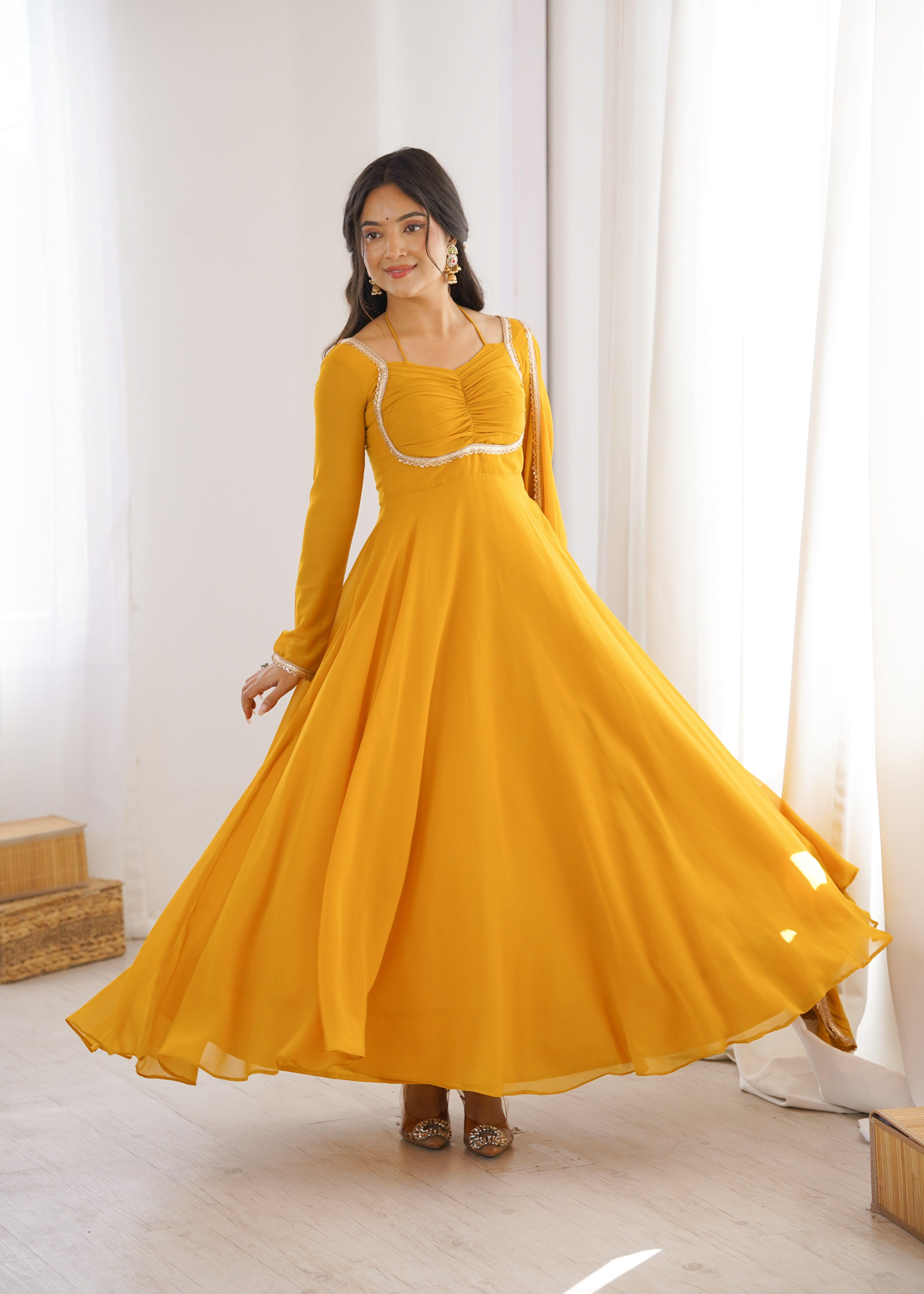 Elegant Yellow Anarkali Suit Set with Dupatta – Premium Party Wear Gown