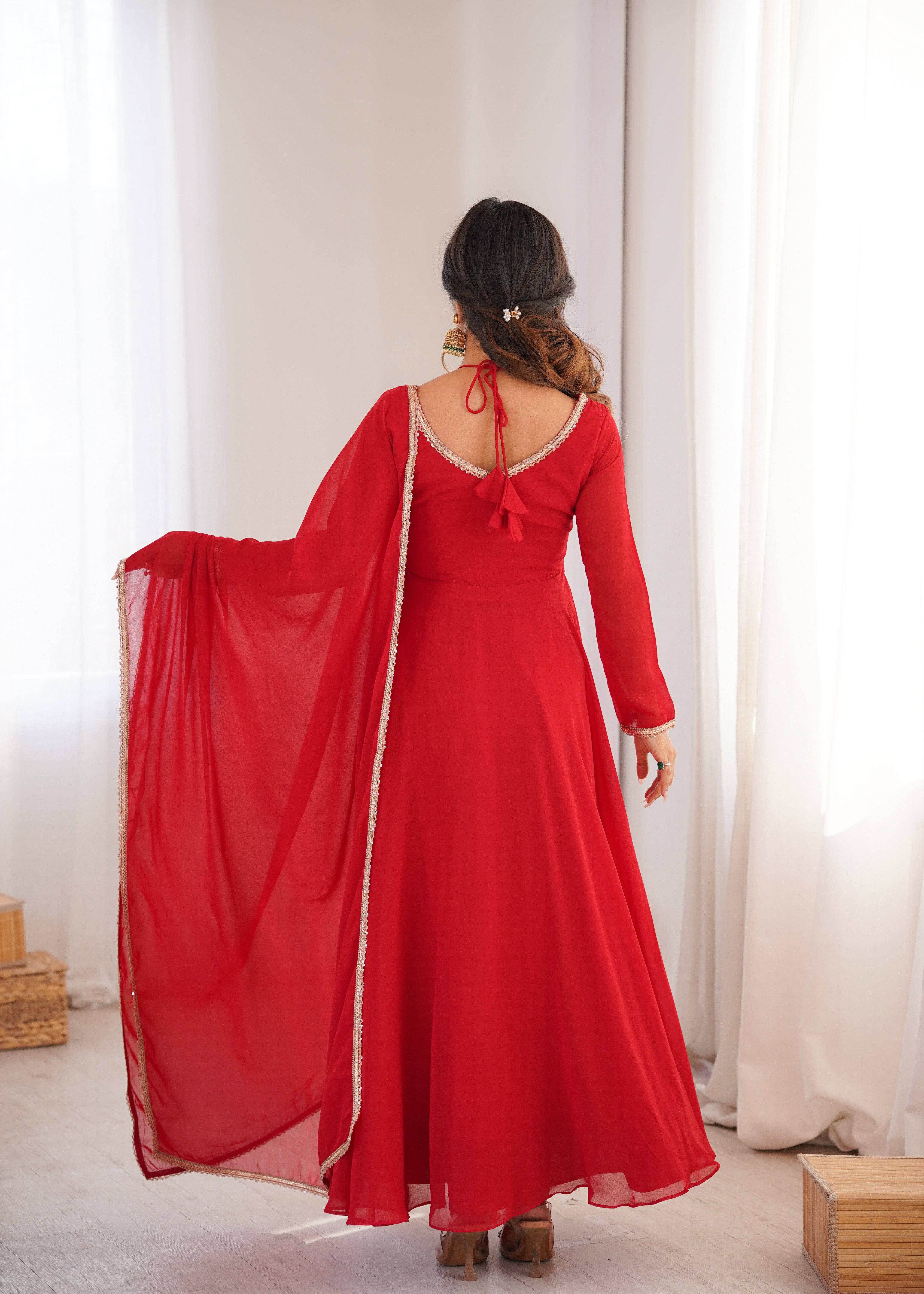 Elegant Red Anarkali Suit Set with Dupatta – Premium Party Wear Gown