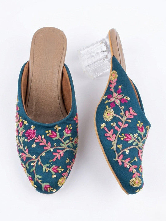 Women's Teal Floral Embroidered Transparent Block Heel Mule Sandals