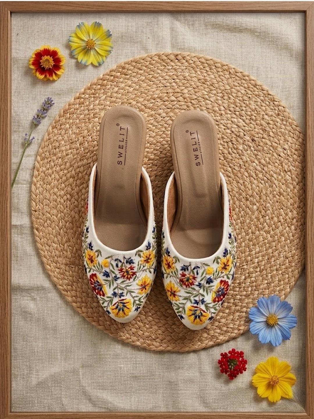 Women's White Floral Embroidered Transparent Block Heels