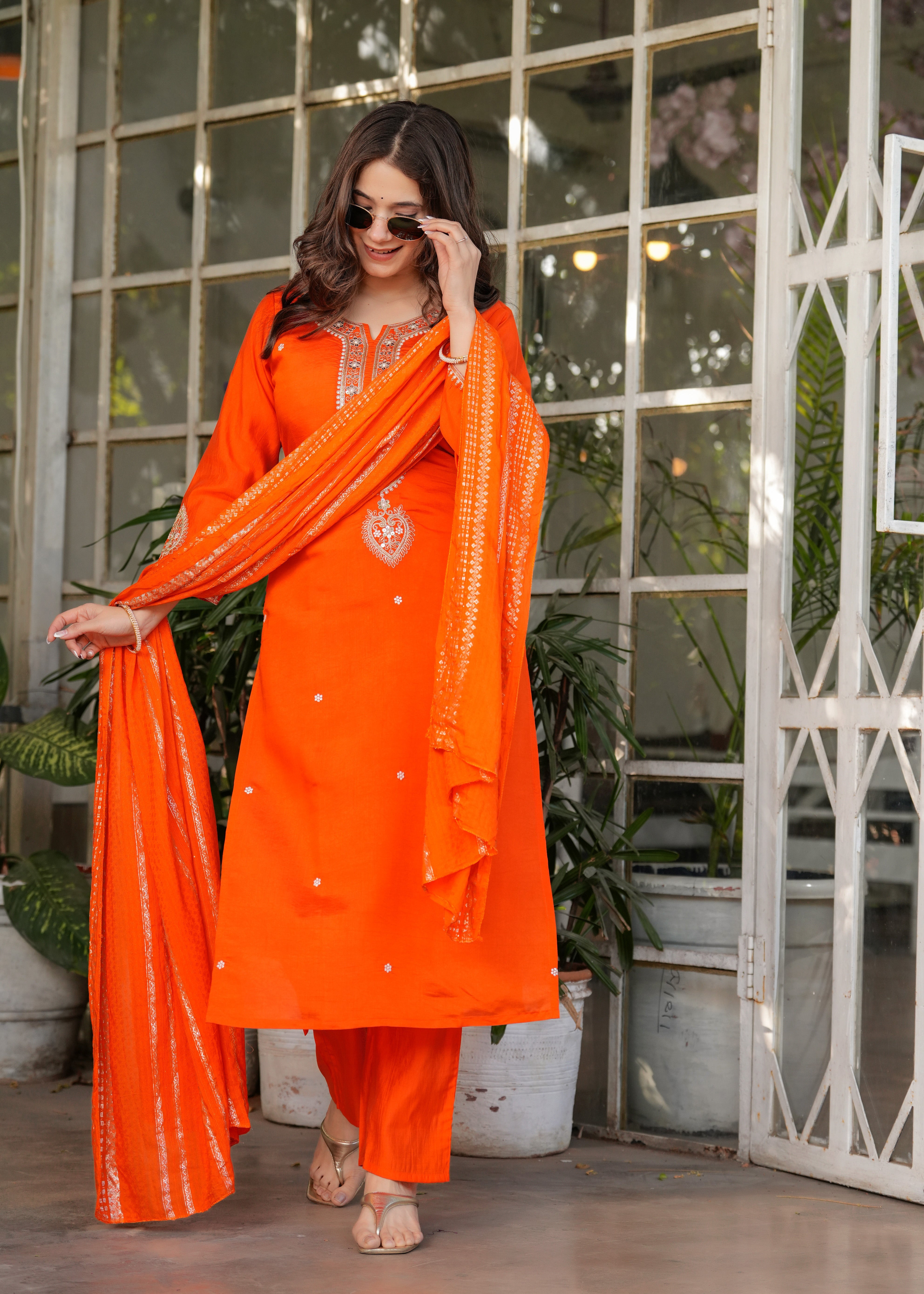 Elegant Orange  Embroidered Kurta Pant Set with Designer Dupatta for Women