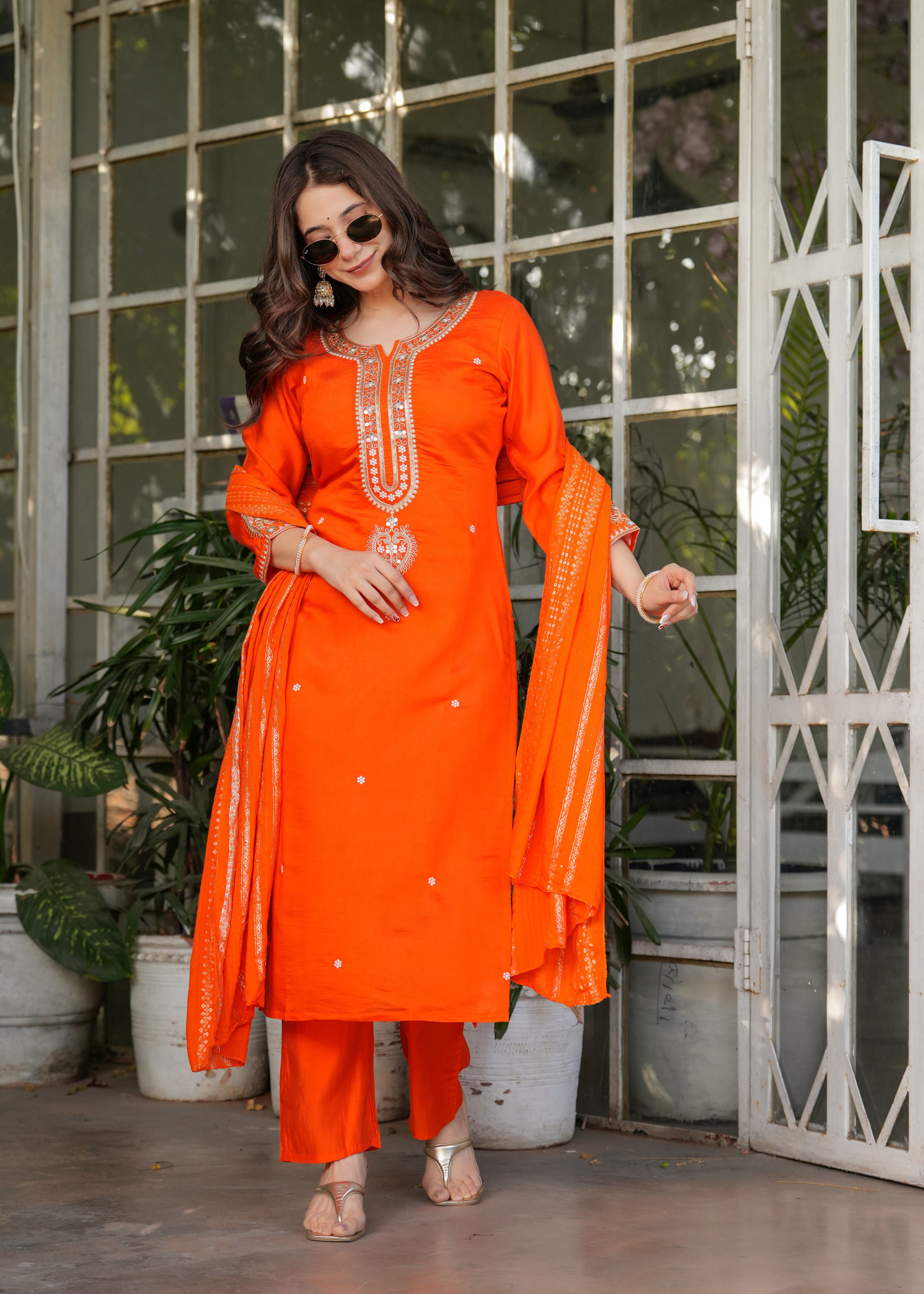Elegant Orange  Embroidered Kurta Pant Set with Designer Dupatta for Women