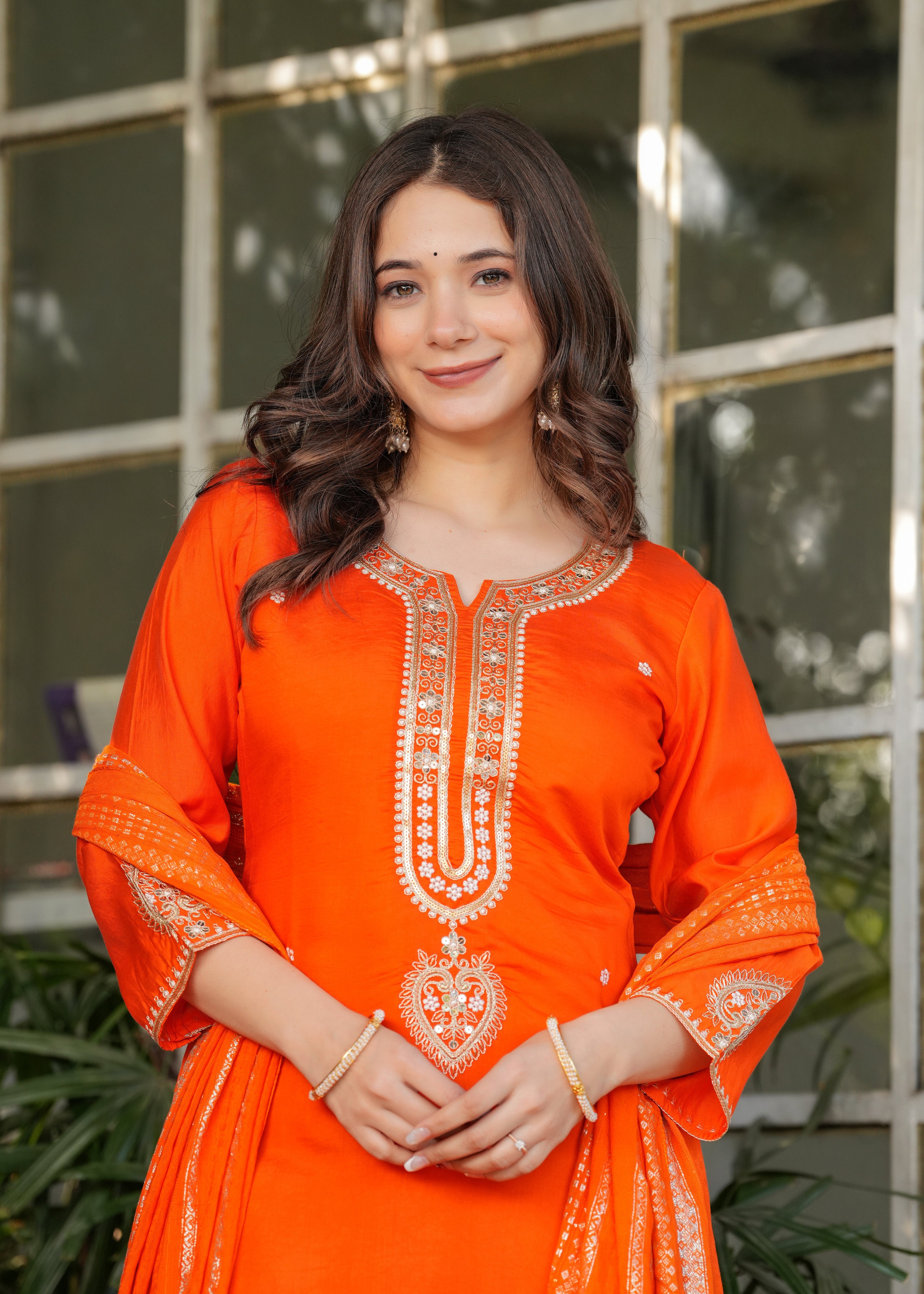 Elegant Orange  Embroidered Kurta Pant Set with Designer Dupatta for Women