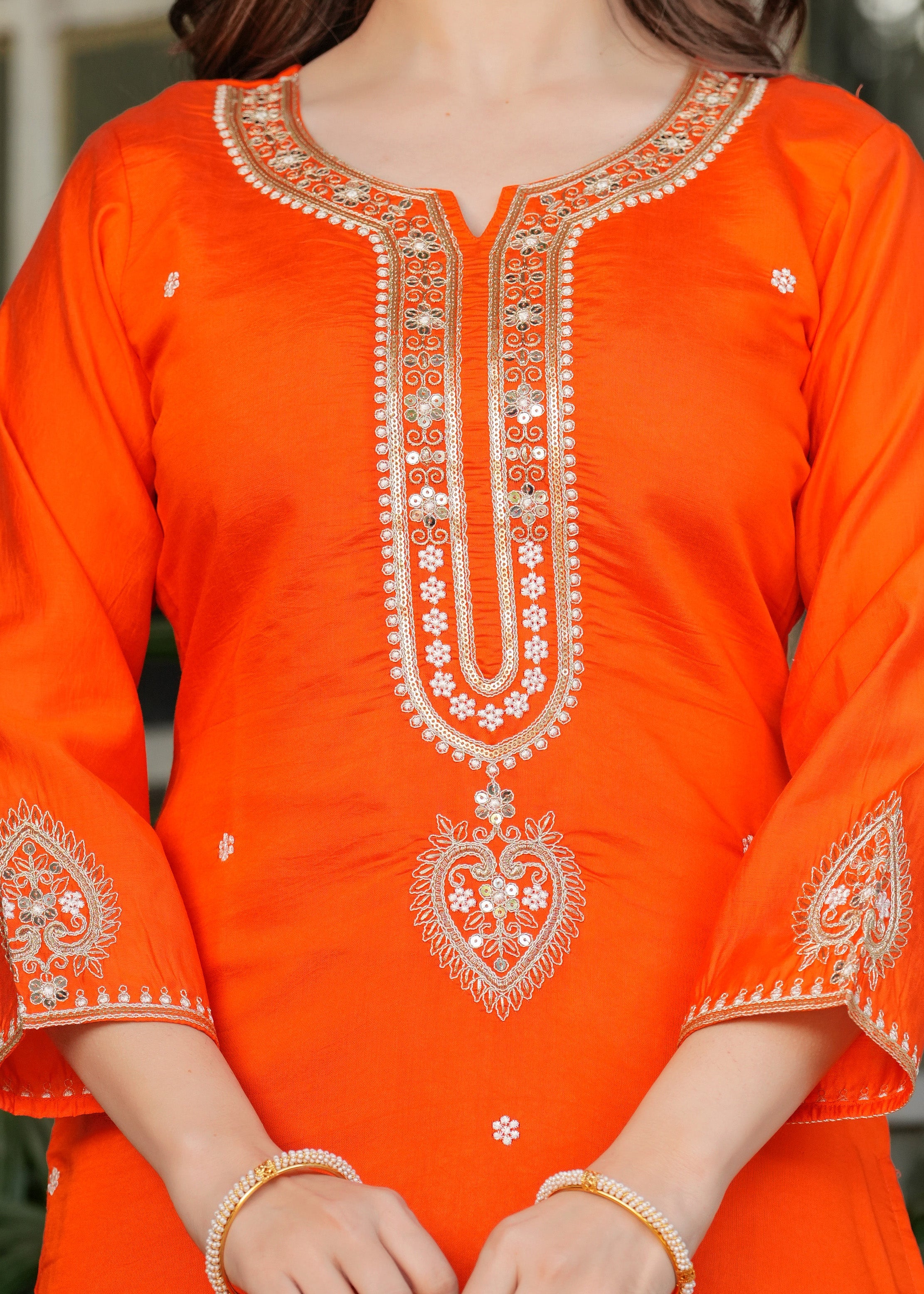 Elegant Orange  Embroidered Kurta Pant Set with Designer Dupatta for Women