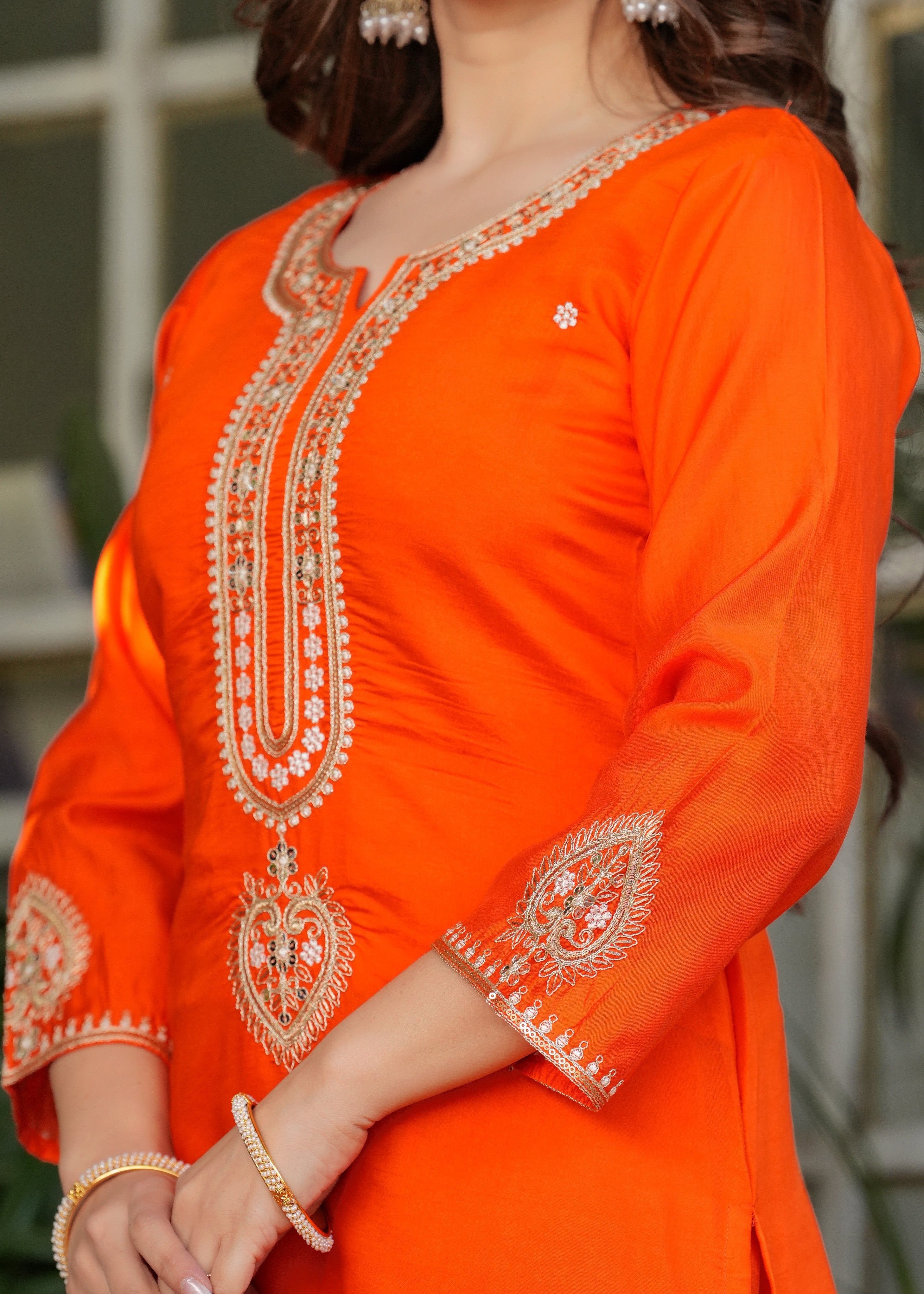 Elegant Orange  Embroidered Kurta Pant Set with Designer Dupatta for Women