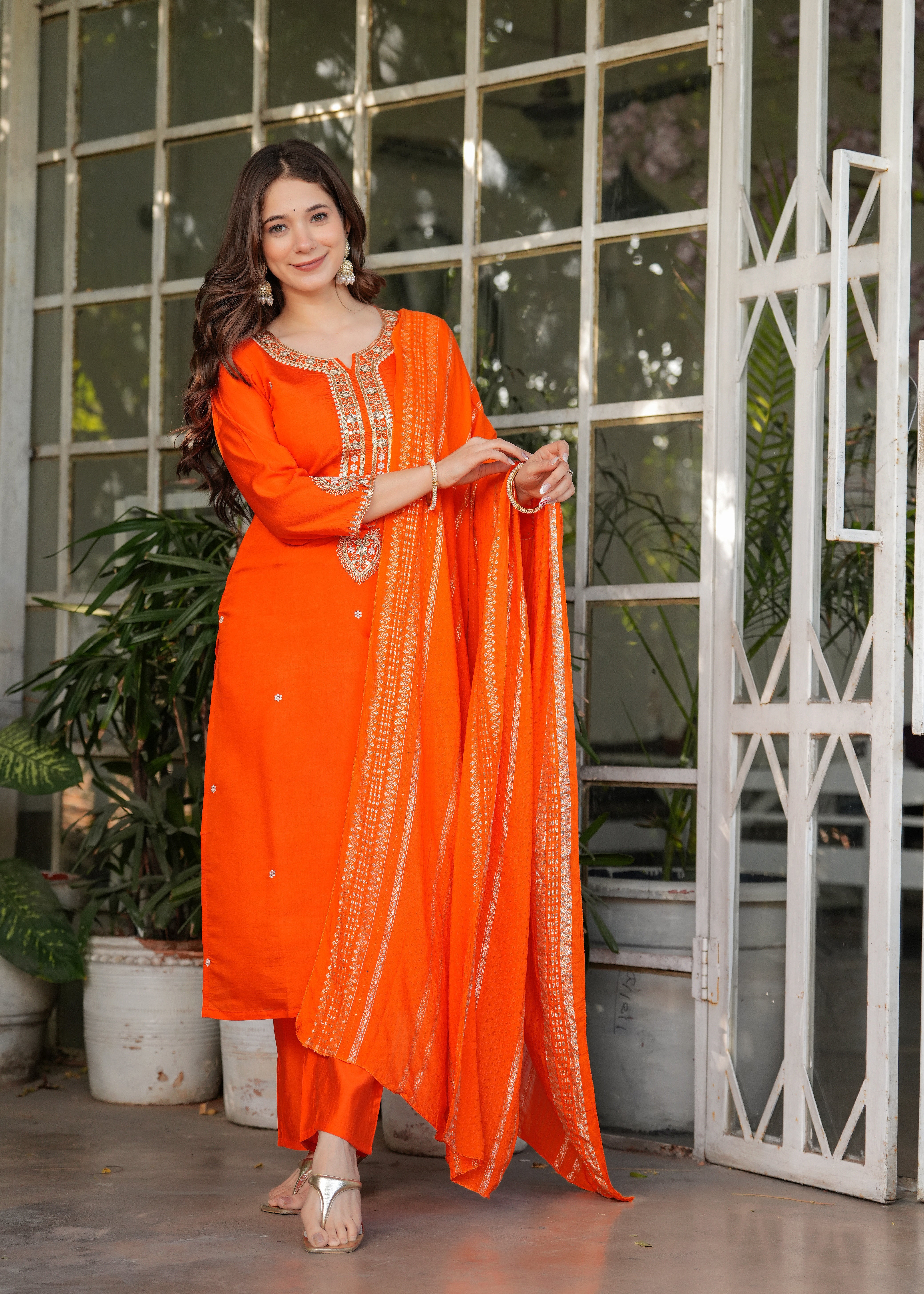 Elegant Orange  Embroidered Kurta Pant Set with Designer Dupatta for Women