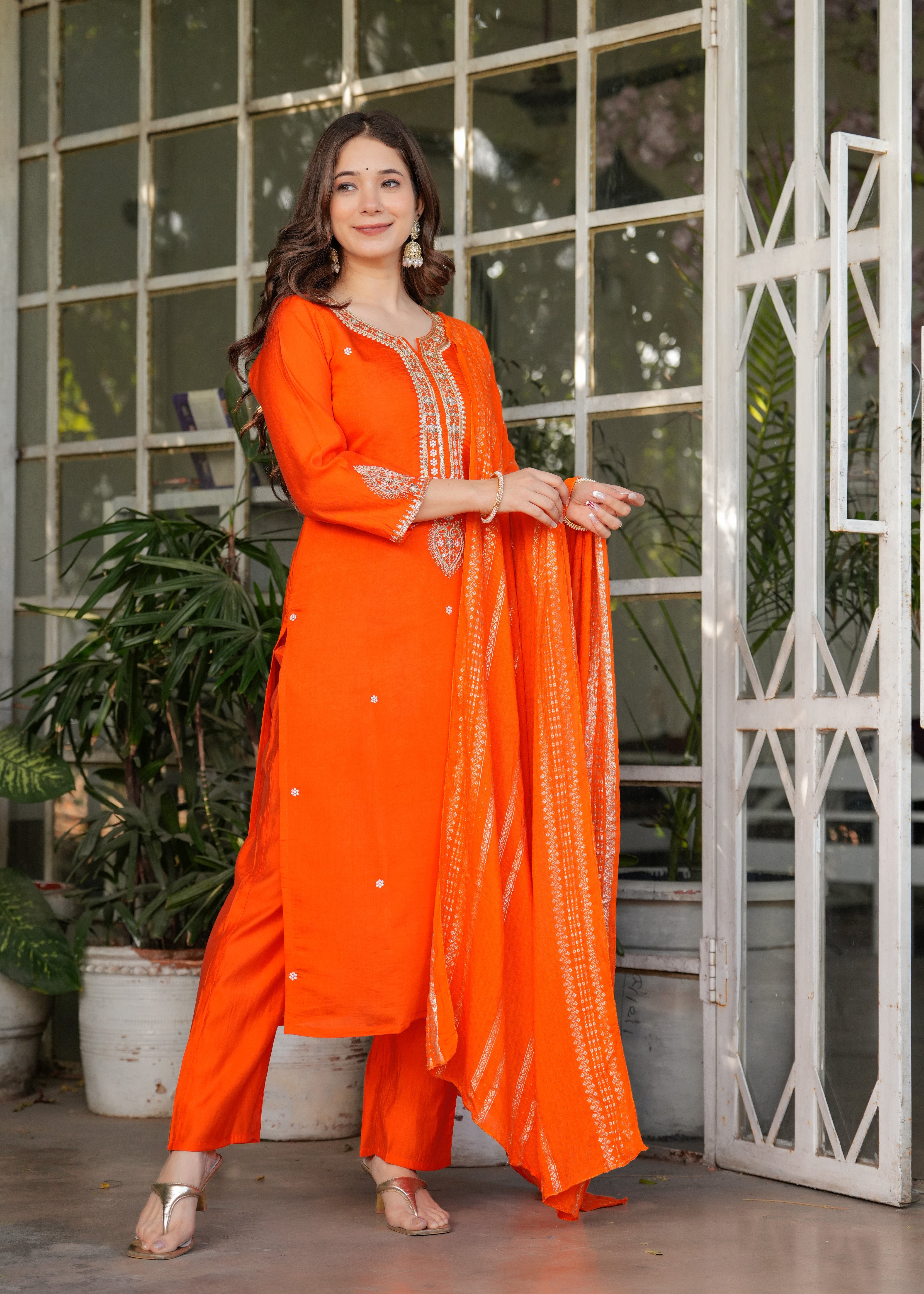 Elegant Orange  Embroidered Kurta Pant Set with Designer Dupatta for Women