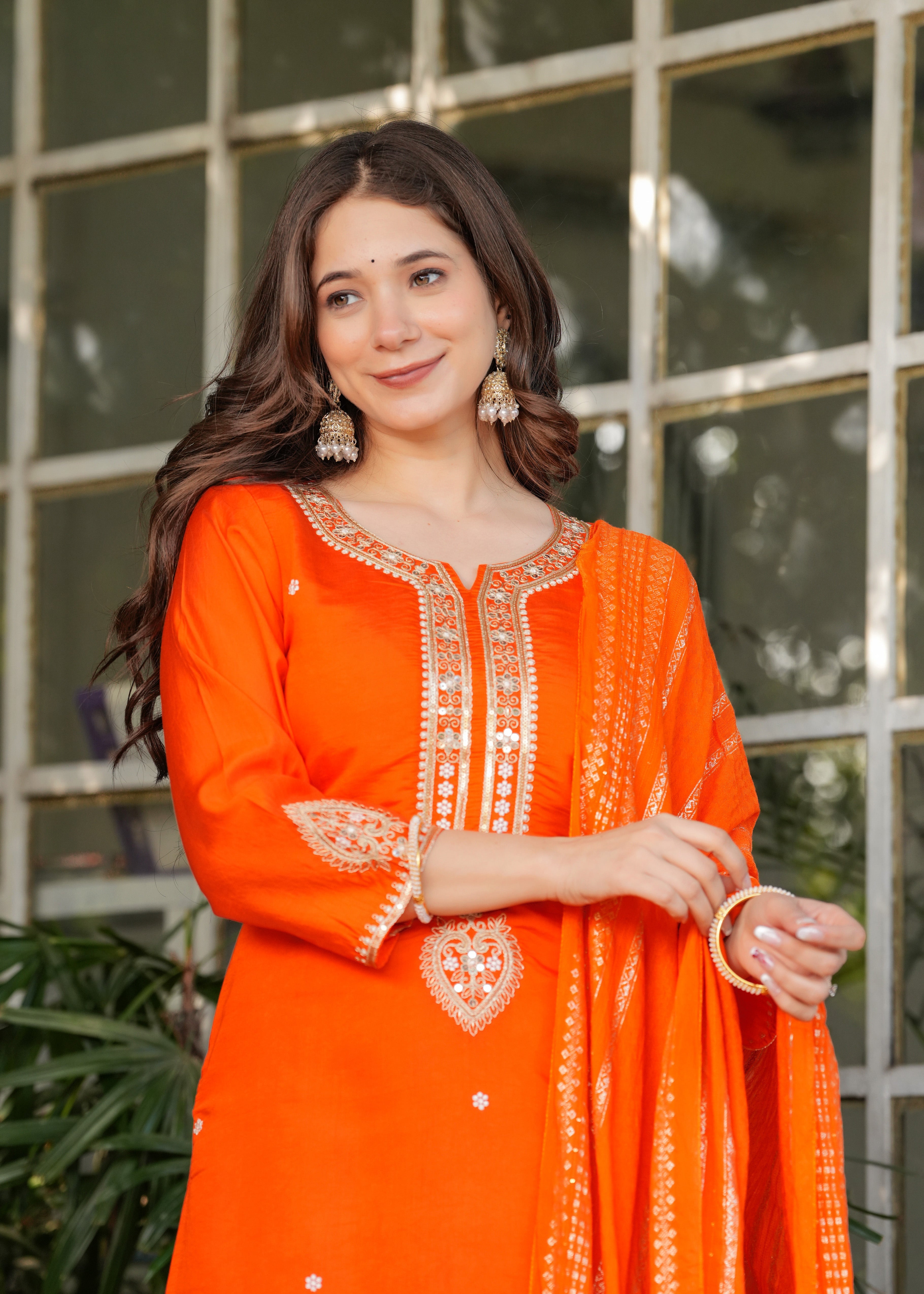 Elegant Orange  Embroidered Kurta Pant Set with Designer Dupatta for Women
