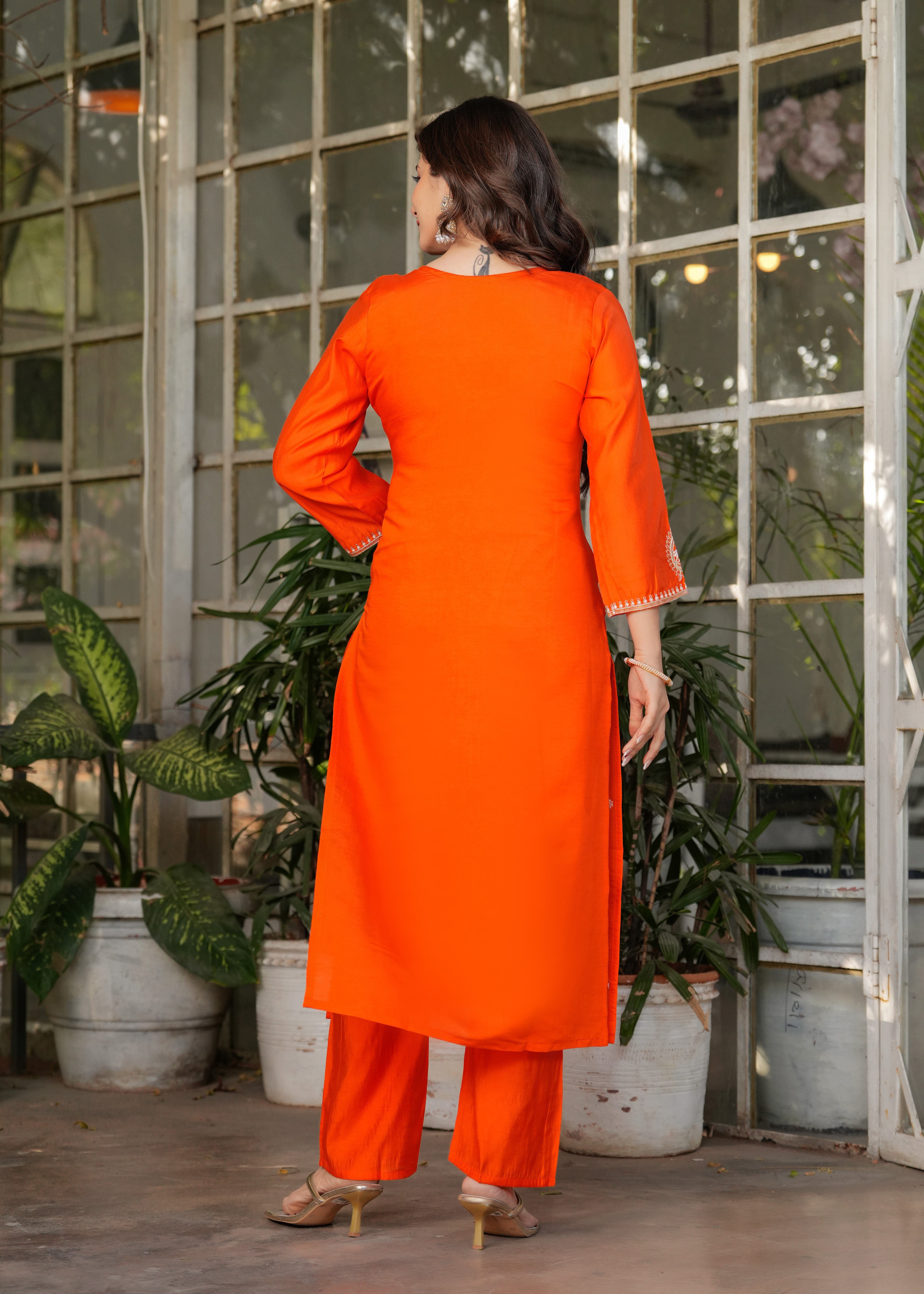 Elegant Orange  Embroidered Kurta Pant Set with Designer Dupatta for Women
