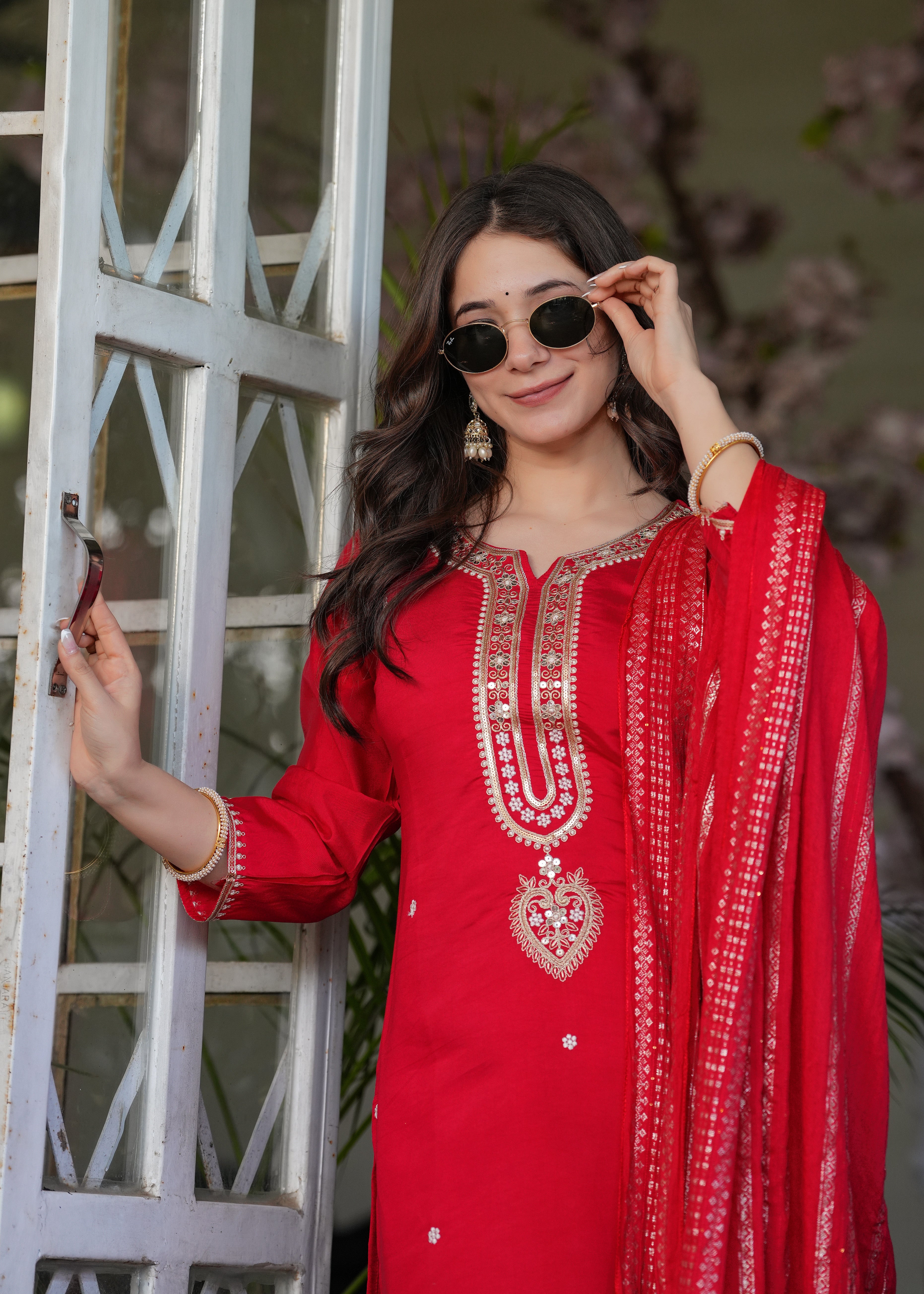 Elegant Red Embroidered Kurta Pant Set with Designer Dupatta for Women