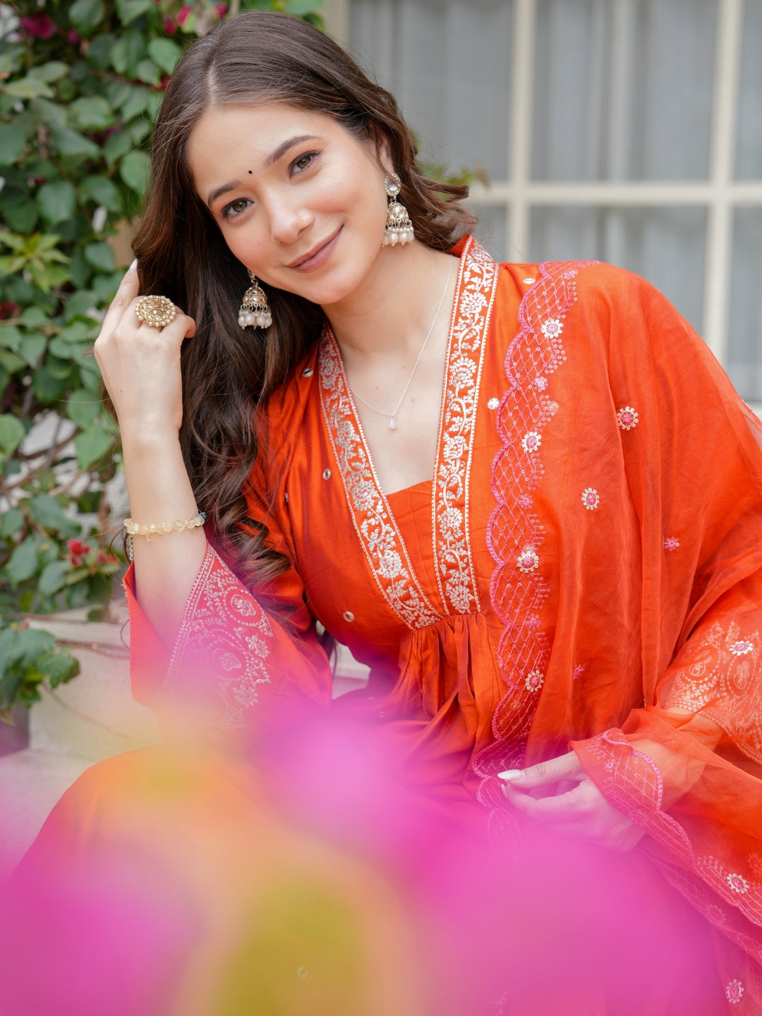 Elegant Rust Orange Embroidered Anarkali Kurta Set for Women