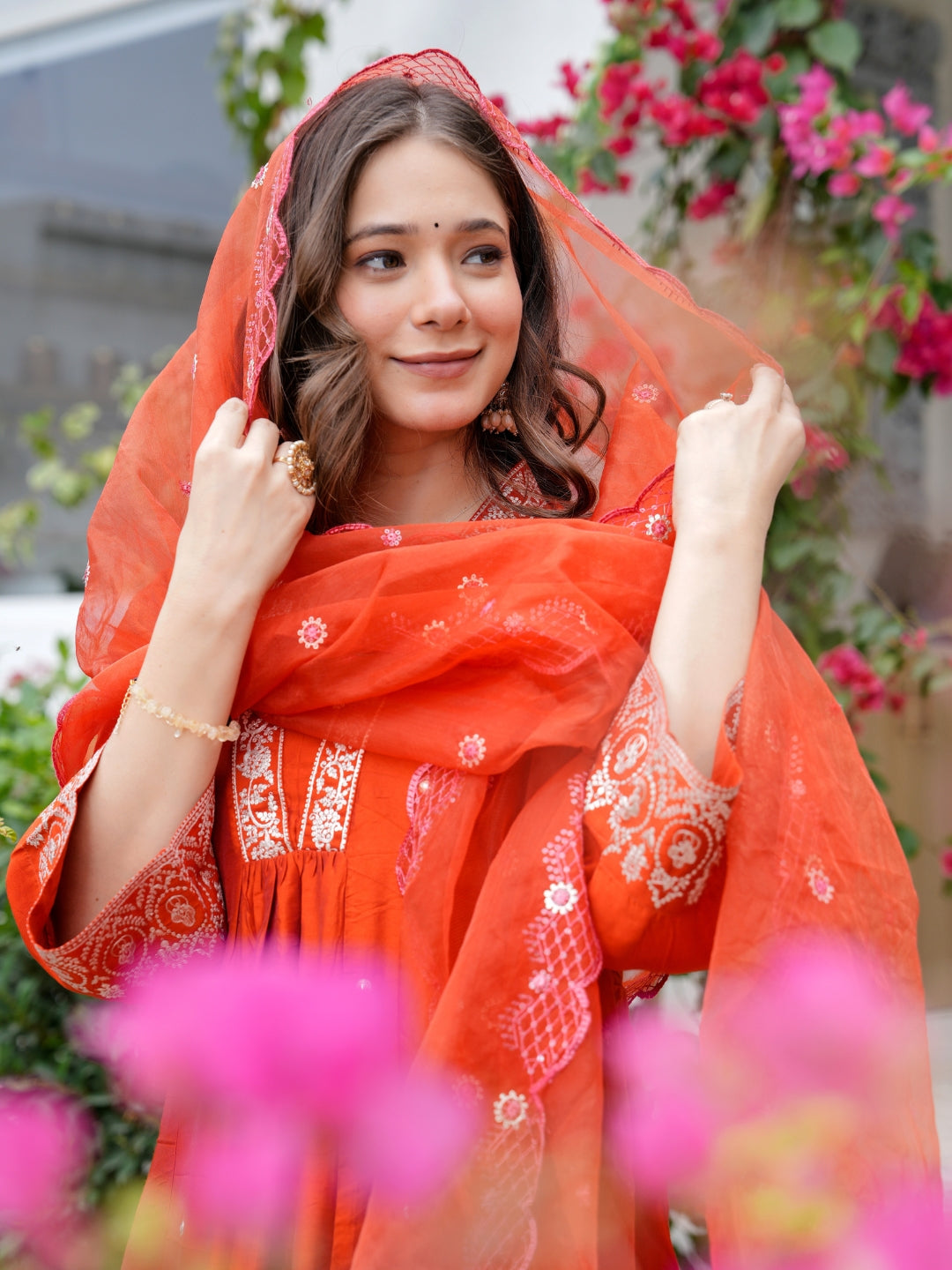 Elegant Rust Orange Embroidered Anarkali Kurta Set for Women