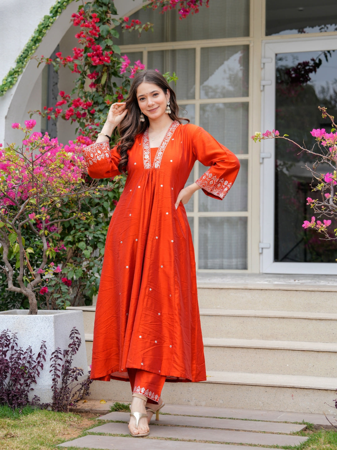 Elegant Rust Orange Embroidered Anarkali Kurta Set for Women