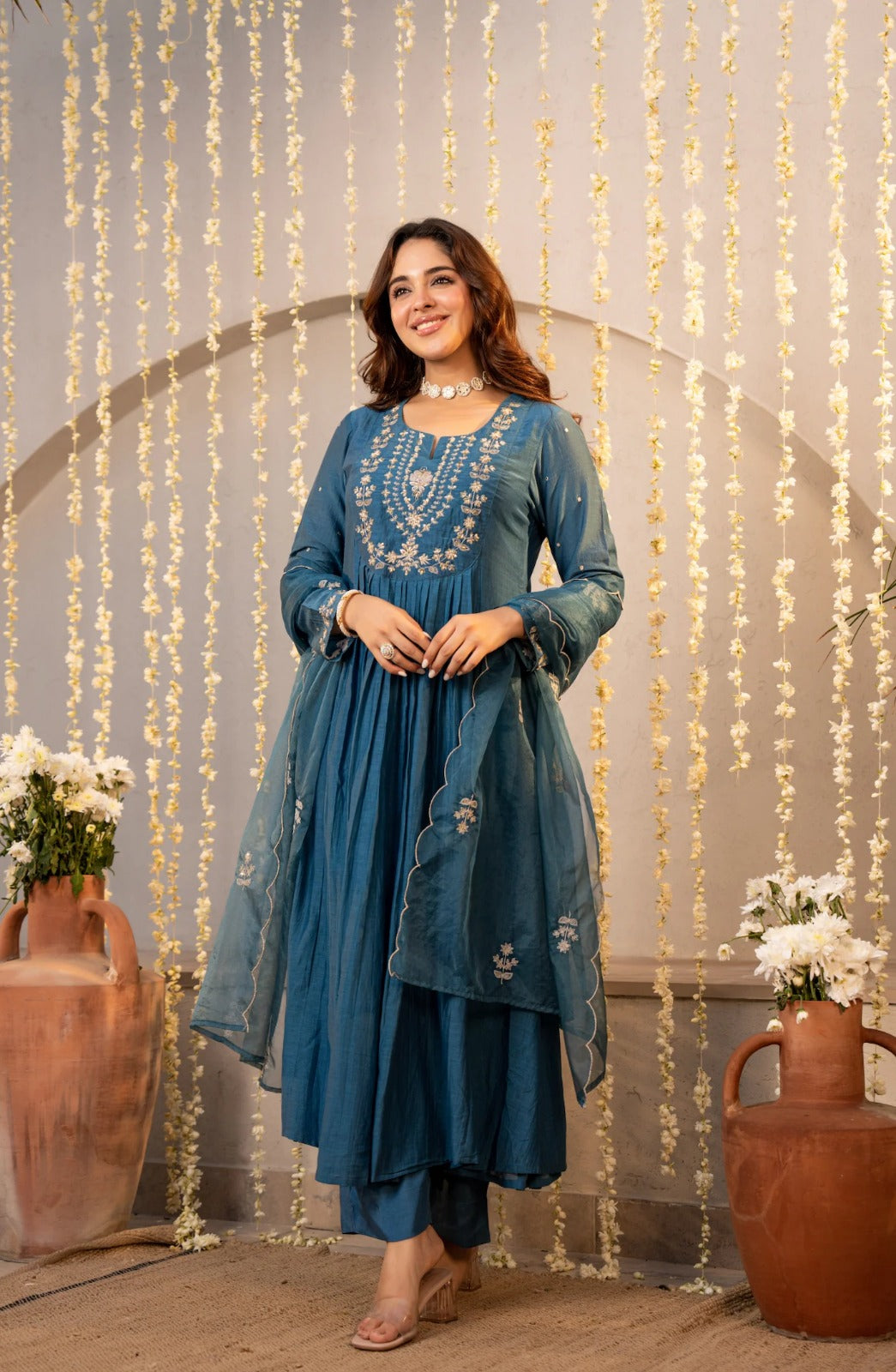 Elegant Blue  Embroidered Anarkali Kurta Set with Dupatta for Women