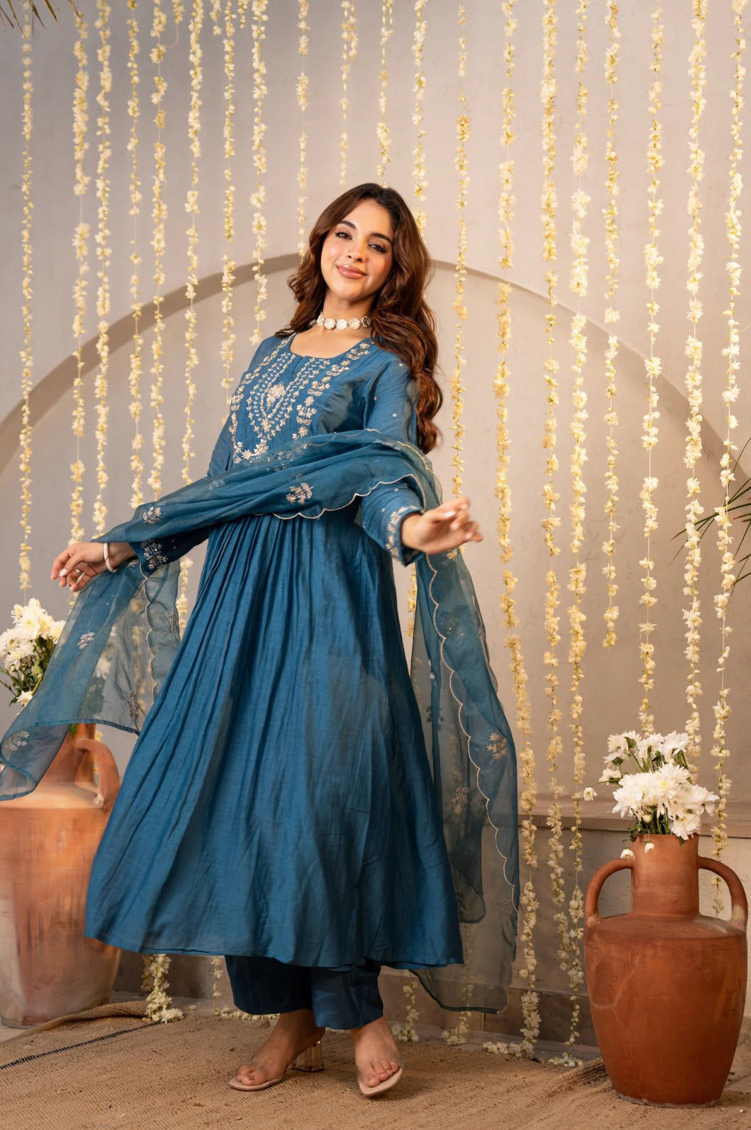 Elegant Blue  Embroidered Anarkali Kurta Set with Dupatta for Women