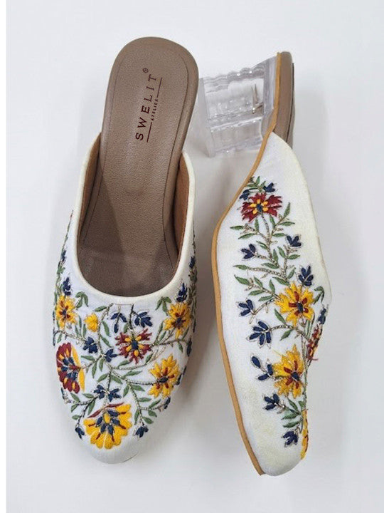 Women's White Floral Embroidered Transparent Block Heels