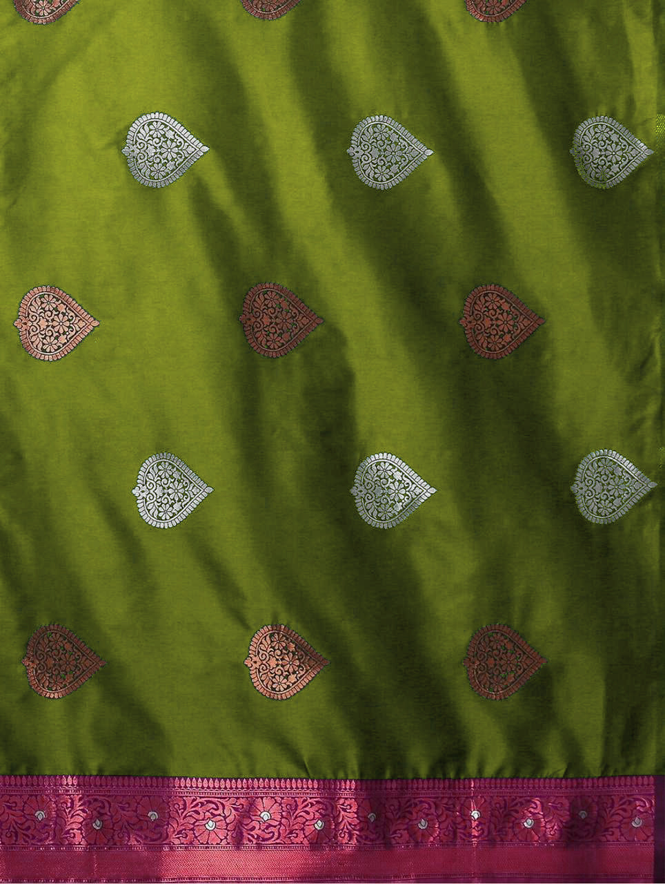 Elegant Mehendi Green Silk Saree with Zari Motifs & Rich Pink Border