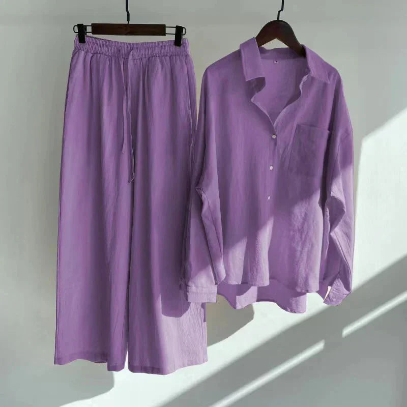 Fashionable Women's Slacks High Waist Cotton Shirt Suit
