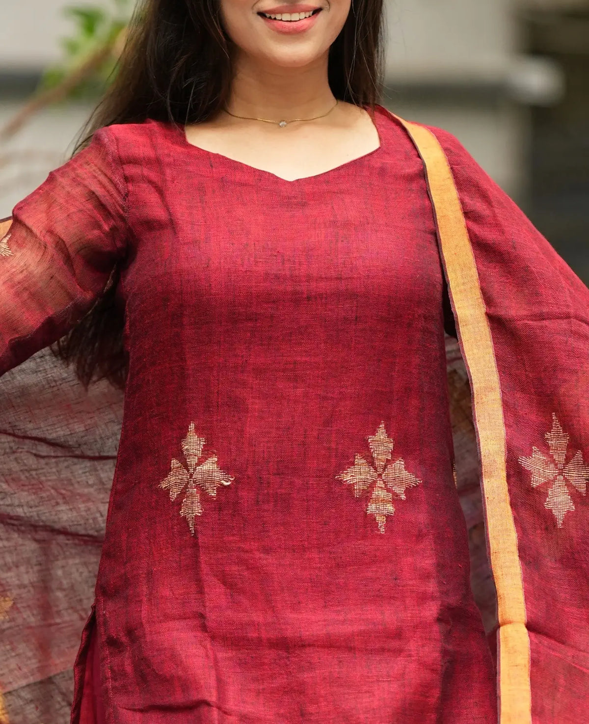 Women’s Maroon Embroidered Kurta Pant Set with Dupatta