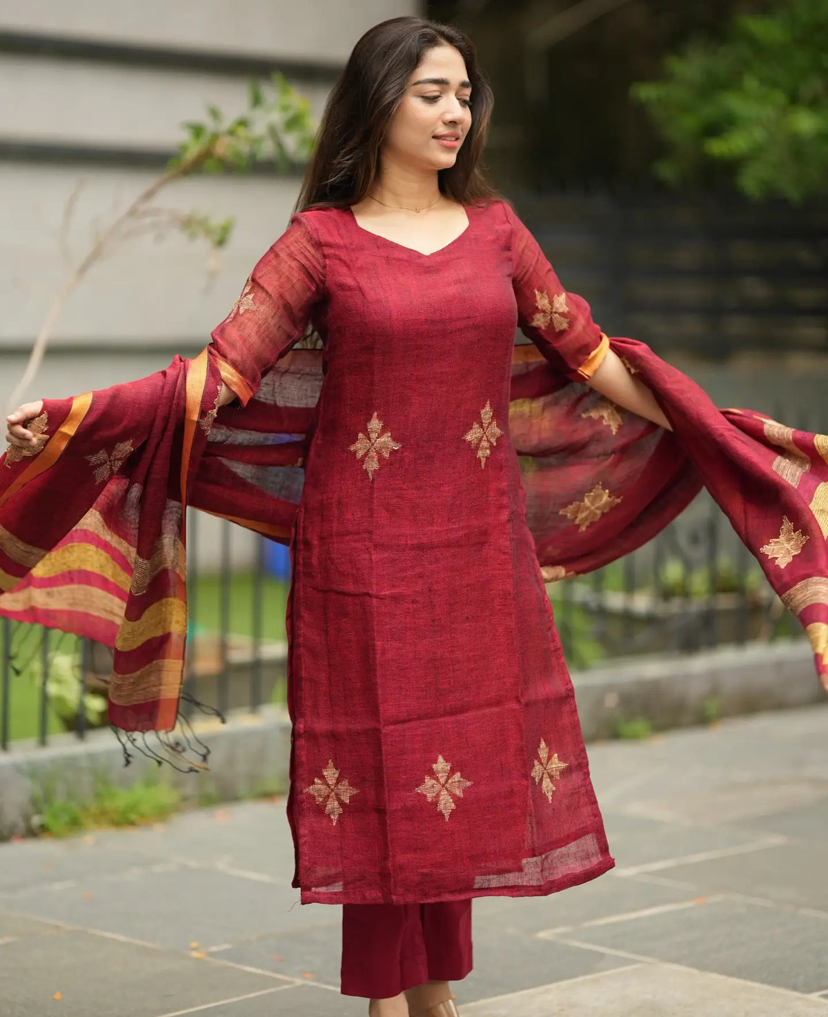 Women’s Maroon Embroidered Kurta Pant Set with Dupatta