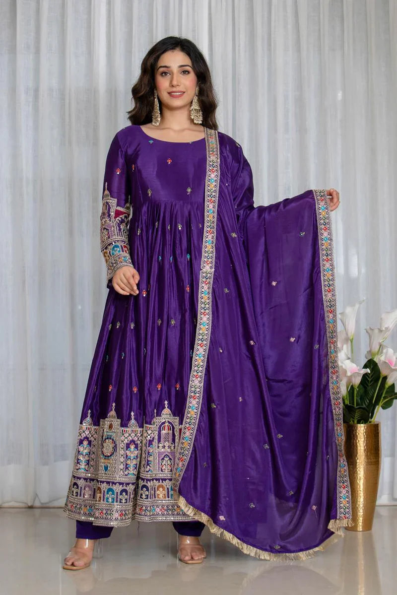 Royal Purple Embroidered Anarkali Suit Set with Dupatta