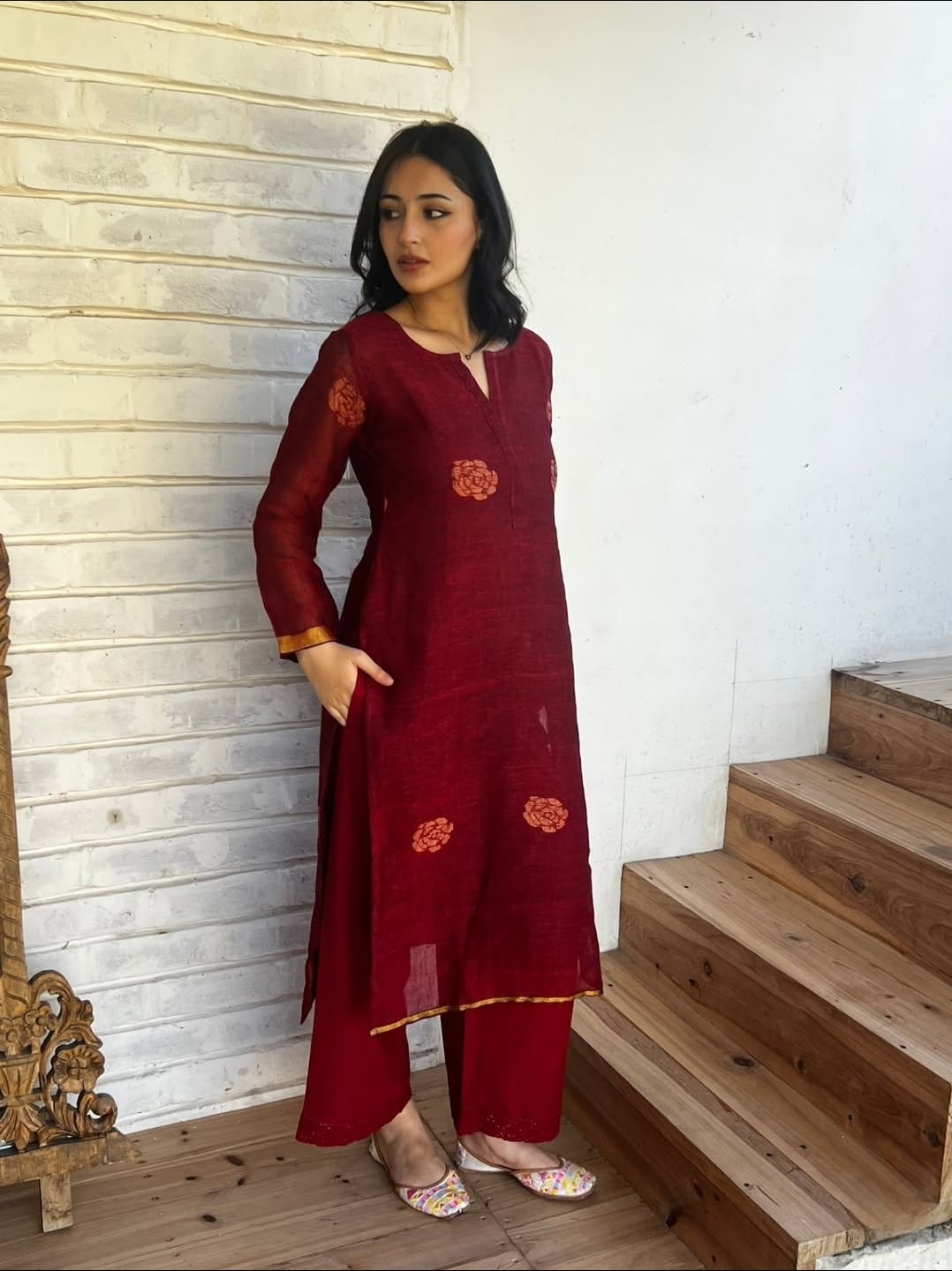 Maroon Kurta Set with Handwoven Border  kurta set