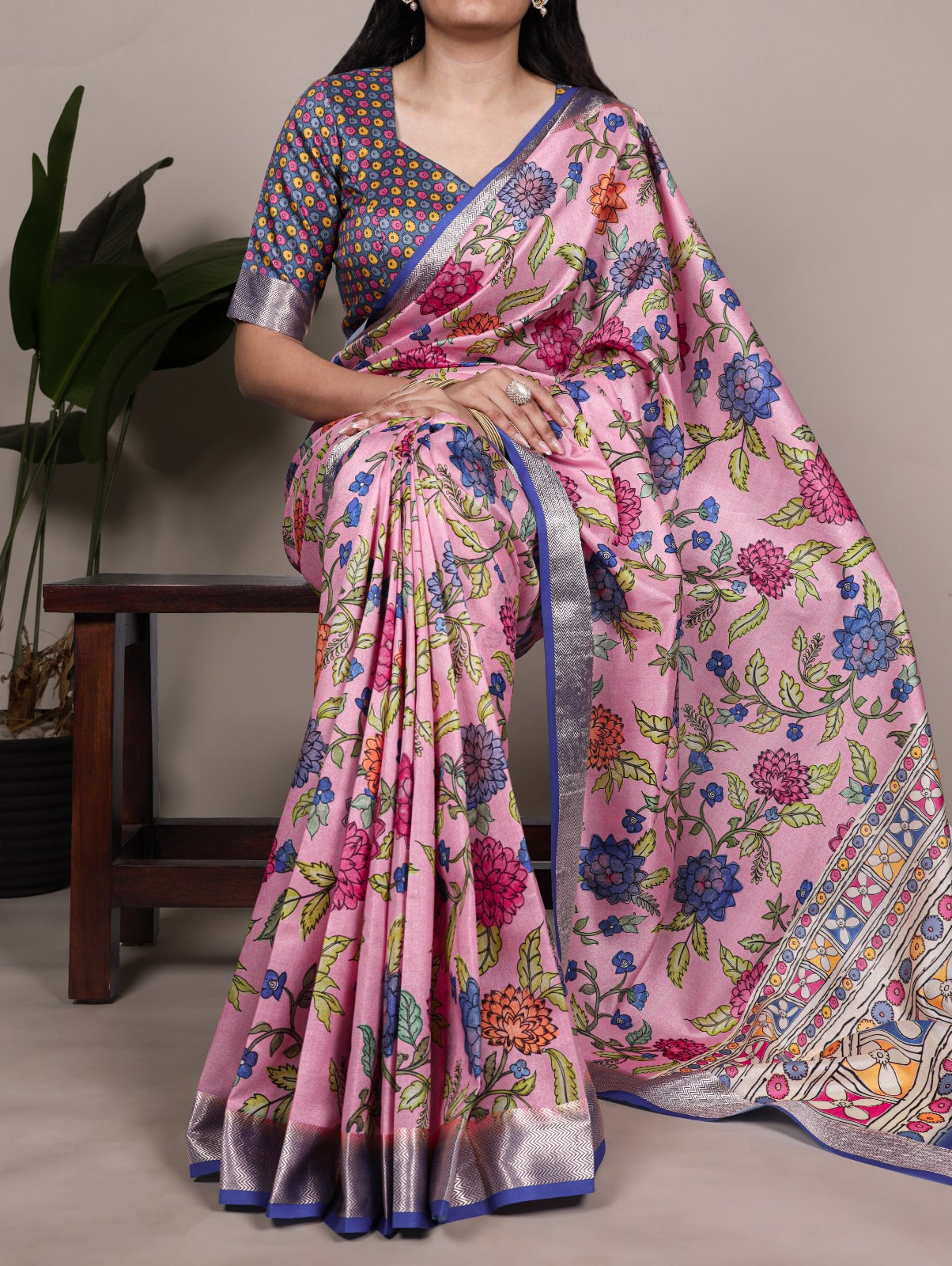 Tasar Silk drape with a glossy viscose border Saree